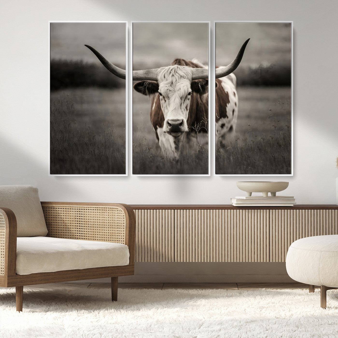 MGV-FC-48X32-3P - Texas Longhorn Cow Canvas Wall Art Print - Large Rustic Longhorn Art for Living Room, Western Wall