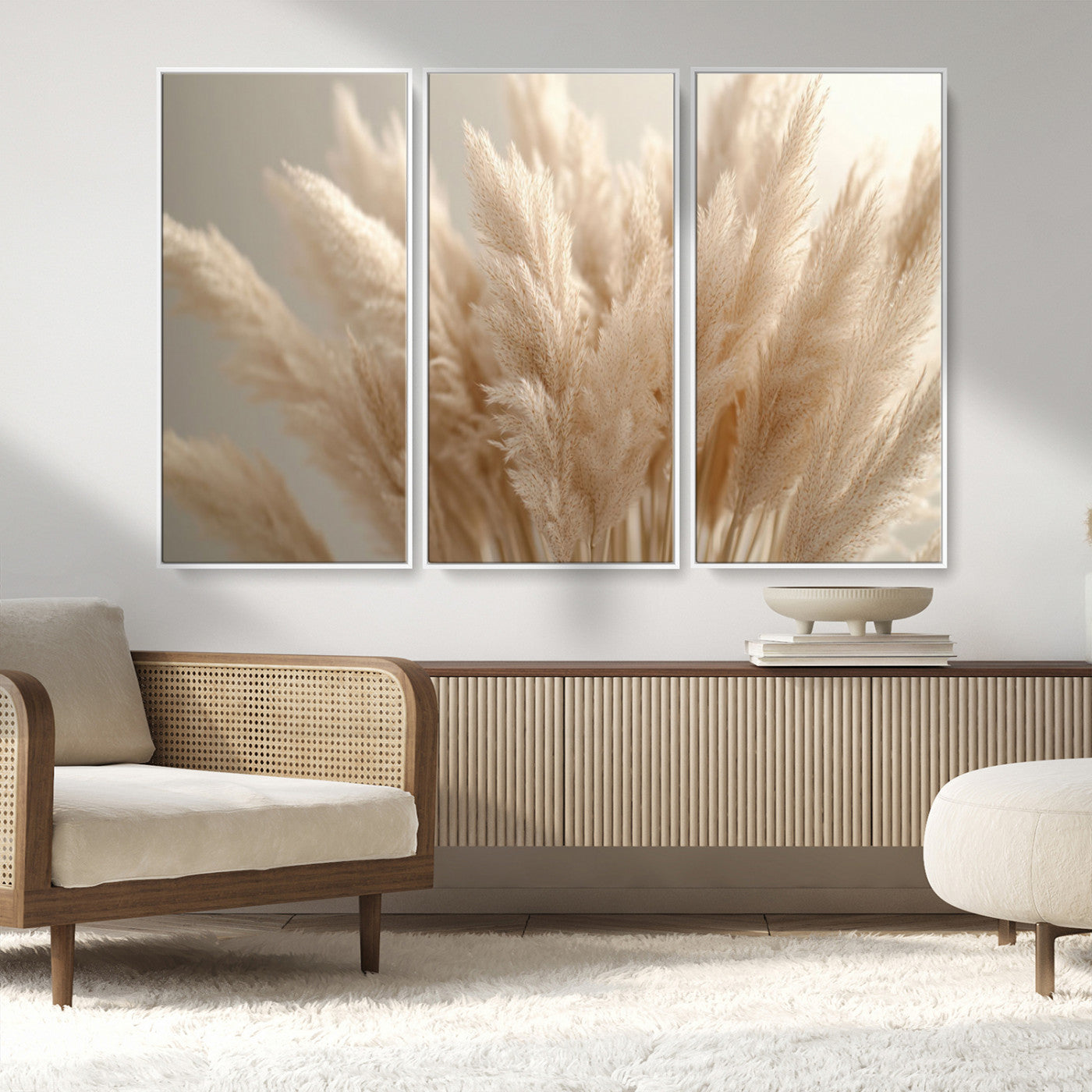 MGV-FC-48X32-3P - Pampas Grass Canvas Wall Art - Elegant Neutral Decor for Living Room, Boho Minimalist Artwork, Ready
