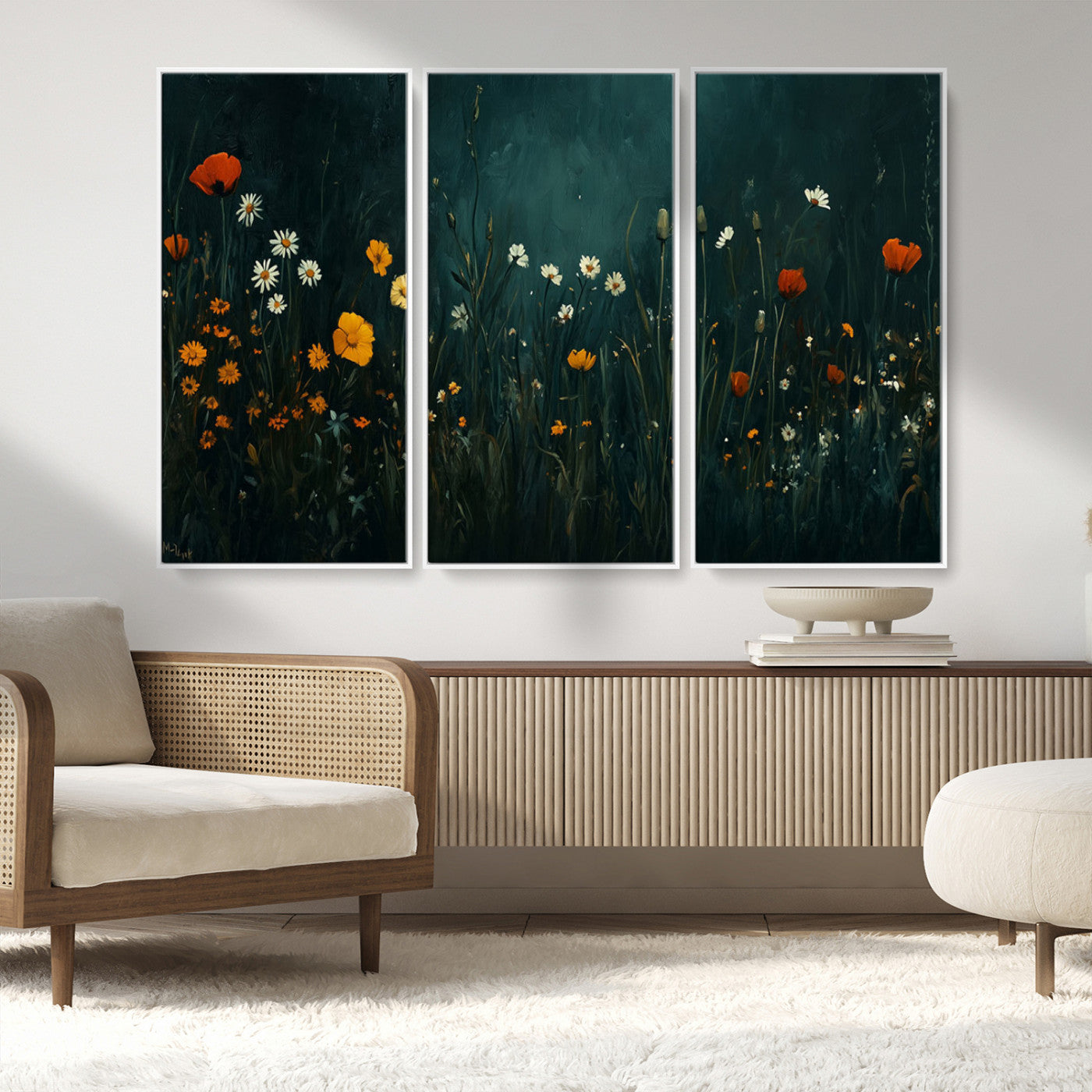MGV-FC-48X32-3P - Framed Wildflower Field Wall Art, Framed Vintage Botanical Landscape Sign, Floral Decor, Modern