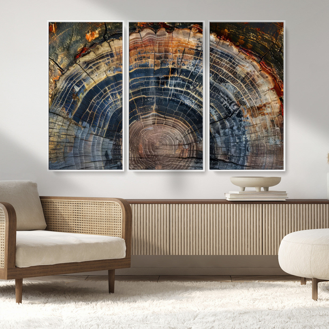 MGV-FC-48X32-3P - Framed Tree Ring Wall Art - Abstract Colorful Tree Ring Wall Decor, Minimalist Home Canvas Art,