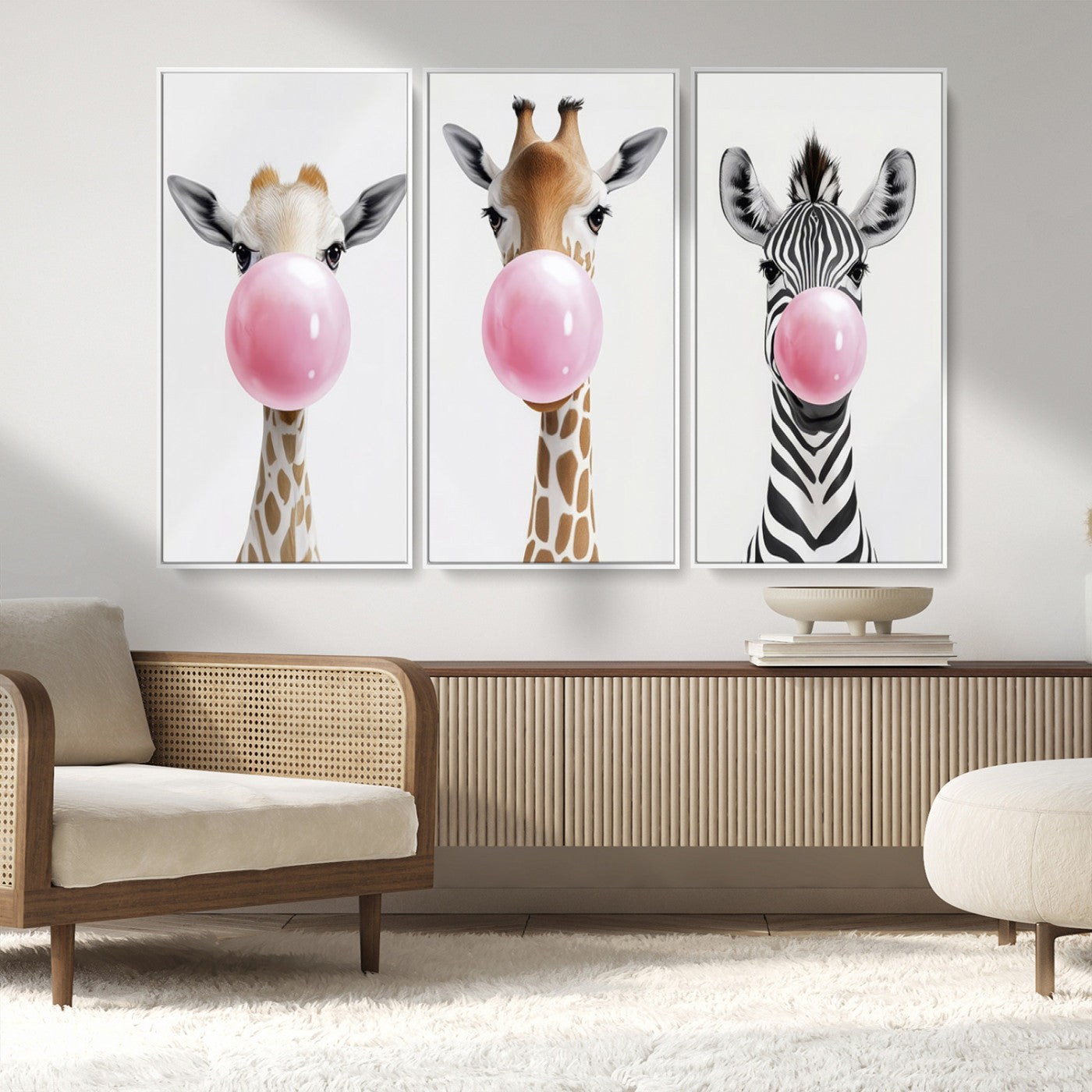 MGV-FC-48X32-3P - Bubblegum Animals Canvas Wall Art - Playful Giraffe and Zebra Trio, Fun Nursery Decor for Kids'