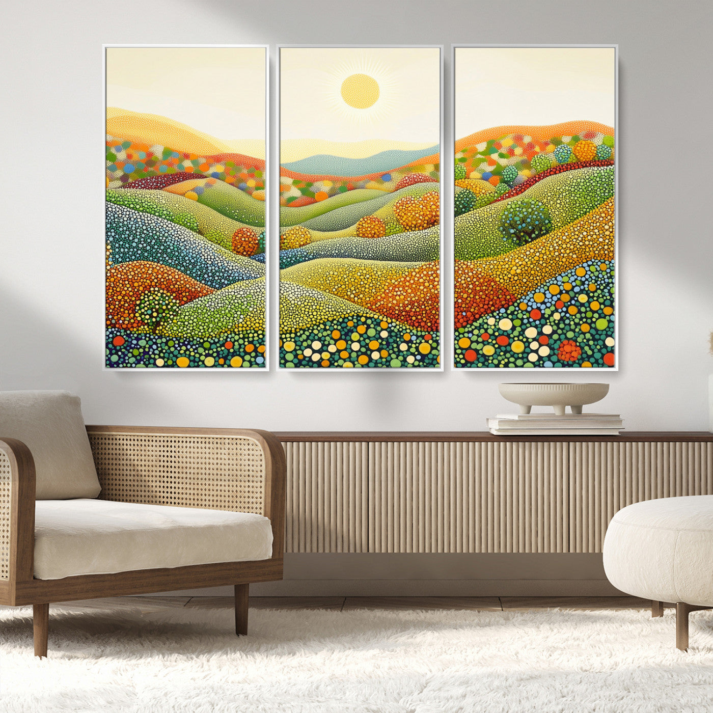 MGV-FC-48X32-3P - YAYOI KUSAMA Wall Art - Colorful Dot Art Landscape Canvas, Framed Japanese Dot Art