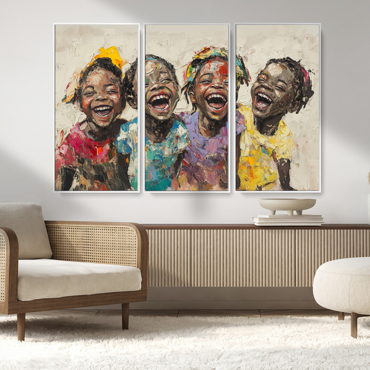 MGV-FC-48X32-3P - Shai Yossef style Joyful Childhood Canvas Wall Art - Expressive Impasto Painting of Black Children