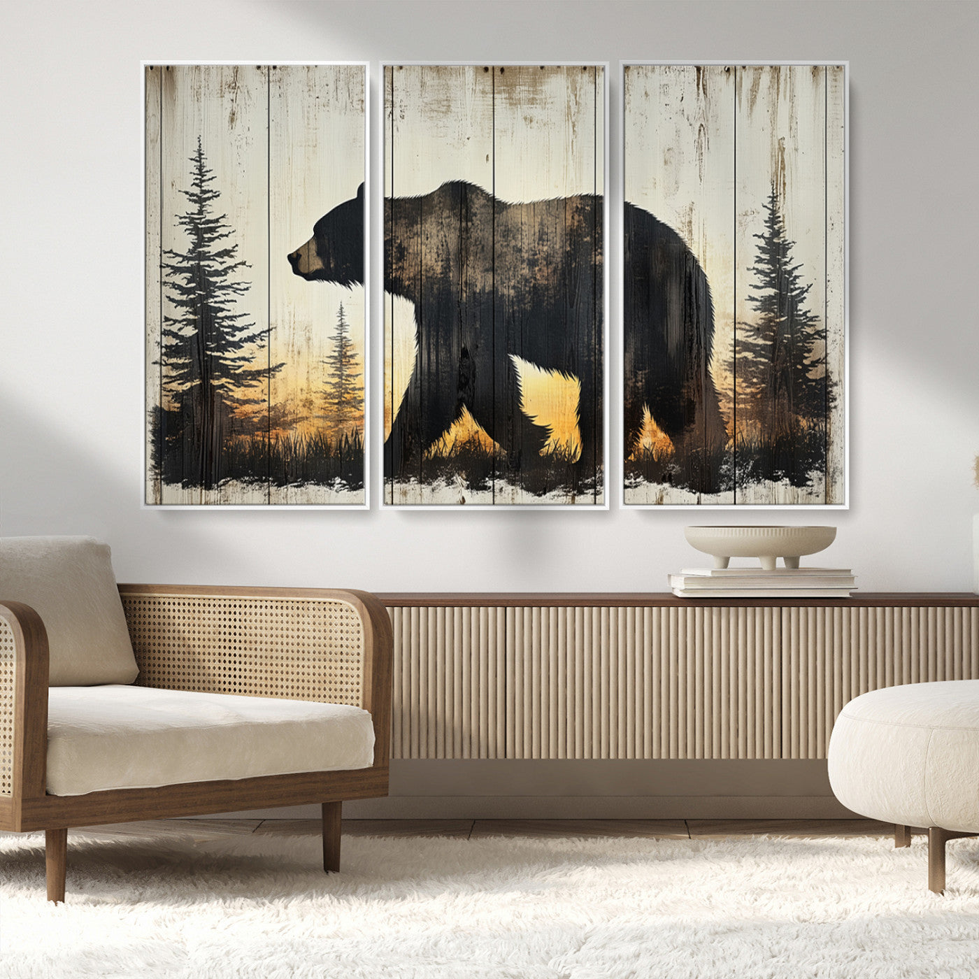 83875-MGV-FC-48X32-3P_White-Vintage Bear Wall Art Canvas Print for Farmhouse - Mountain Wood Canvas Wall Art - Forest Silhouette