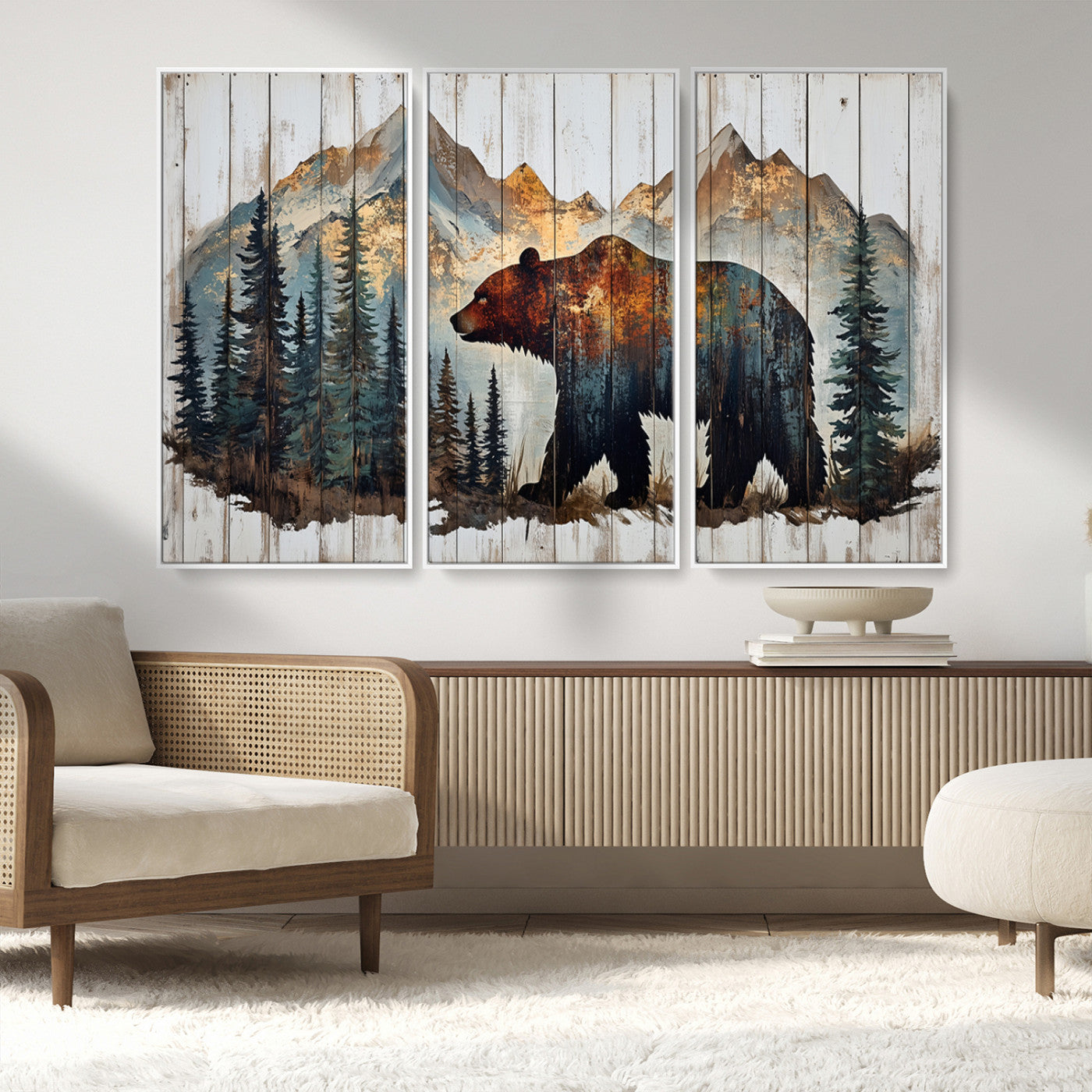 55777-MGV-FC-48X32-3P_White-Rustic Grizzly 399 Bear and Mountain Wood Canvas Wall Art - Framed Nature Artwork with Forest
