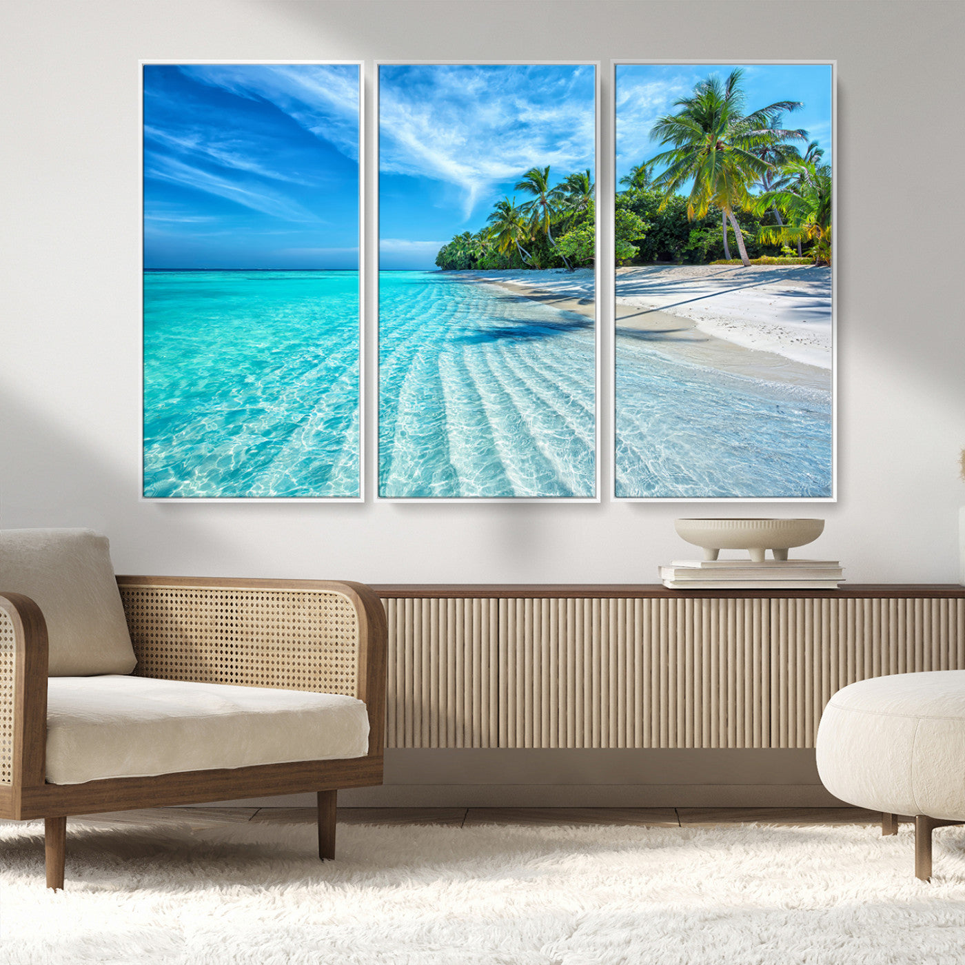 MGV-FC-48X32-3P - Tropical Beach Wall Art Canvas Print - Serene Ocean Landscape with Crystal Clear Turquoise Water and