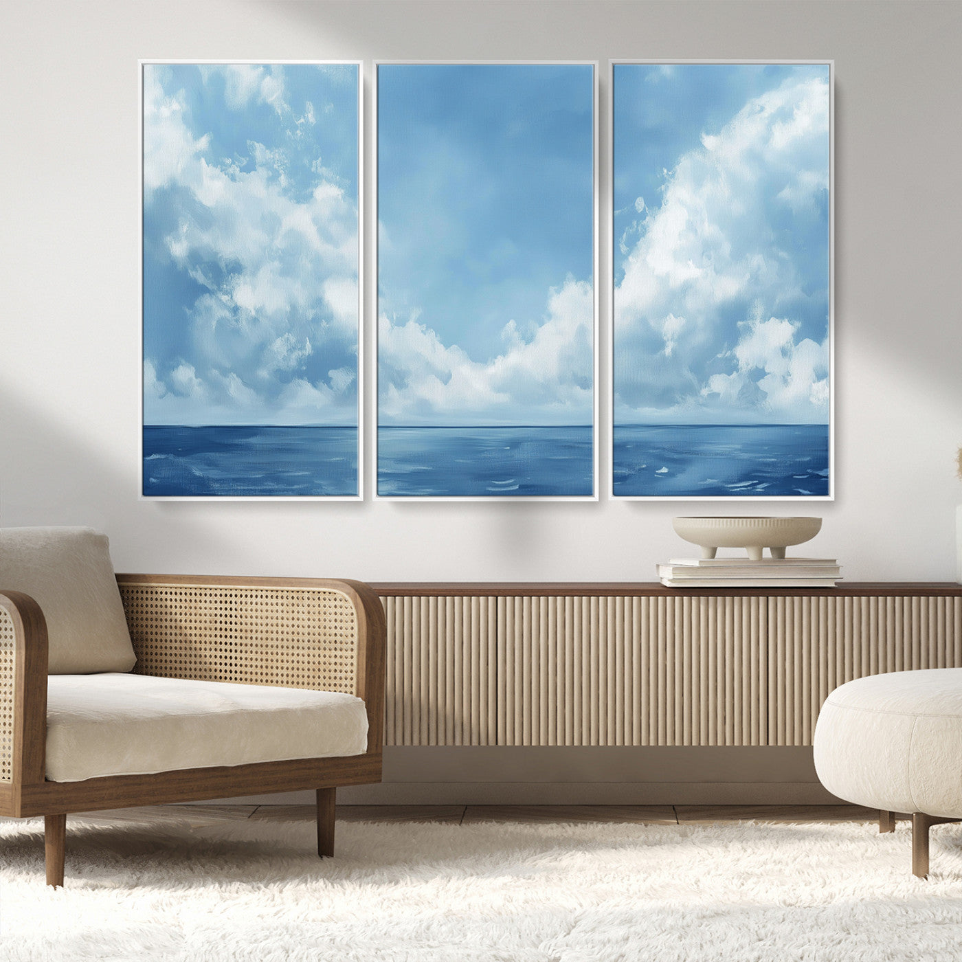 MGV-FC-48X32-3P - Abstract Ocean Print Artwork- Serene Blue Ocean Canvas Wall Art - Minimalist Ocean and Sky Canvas