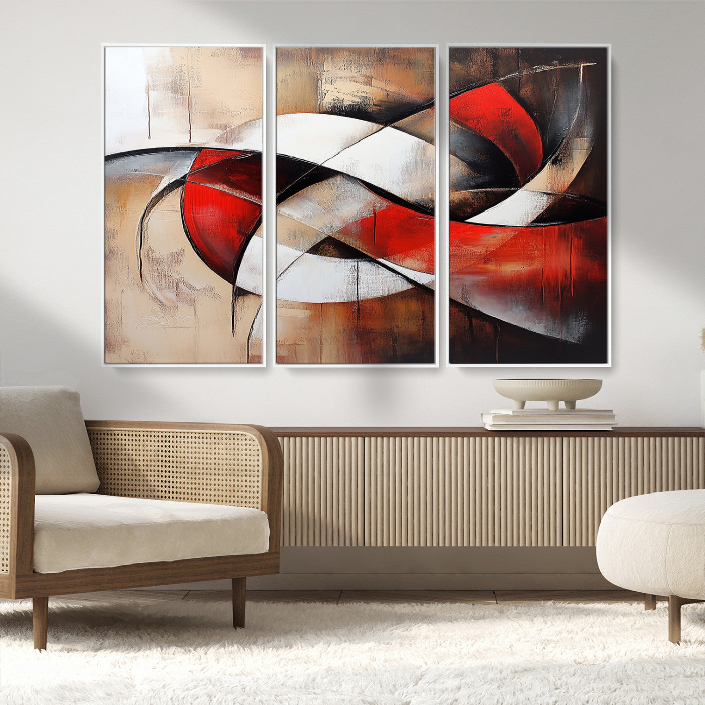 MGV-FC-48X32-3P - Abstract Wall Art - Modern Red and White Canvas Wall Art Print - Bold Geometric Abstract Canvas for