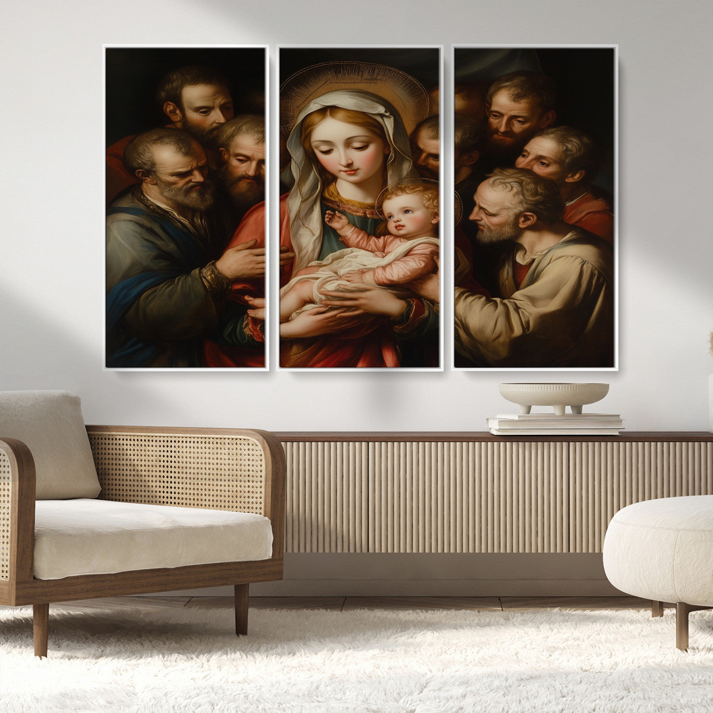 MGV-FC-48X32-3P - Religious Canvas Wall Art Print - Madonna and Child with Apostles Art Print - Classic Christian