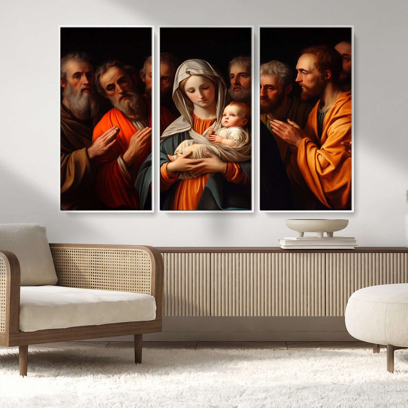 MGV-FC-48X32-3P - Religious Canvas Wall Art Print - Madonna and Child with Apostles Art Print - Classic Christian