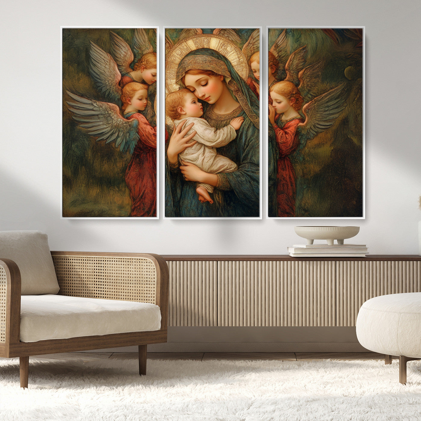 MGV-FC-48X32-3P - Mary Jesus Canvas Wall Art Print - Madonna and Child with Angels Art Print - Classic Christian