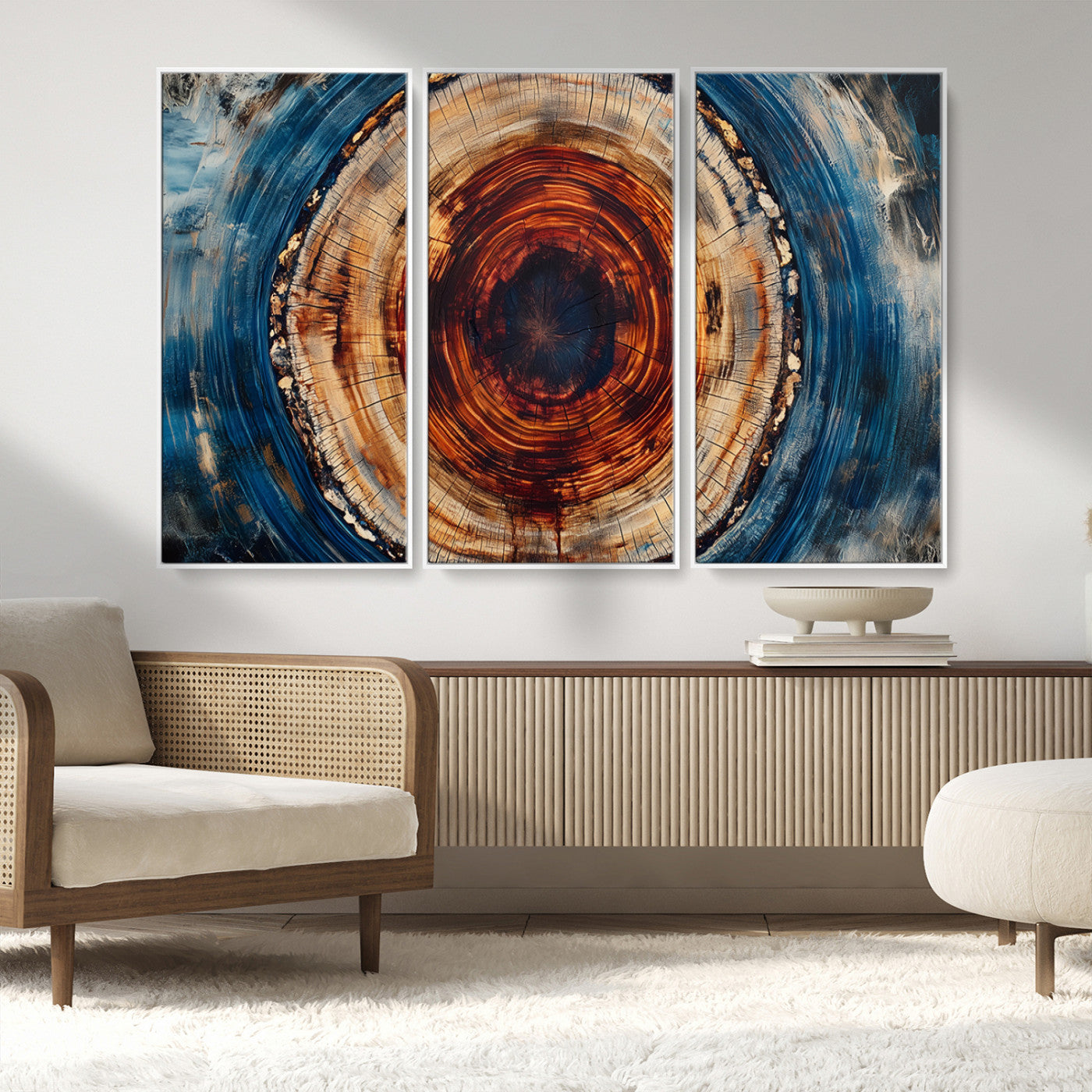 MGV-FC-48X32-3P - Abstract Framed Tree Rings Wall Decor, Wood Grain Rings Artwork Print, Nature Woodland Modern Wall
