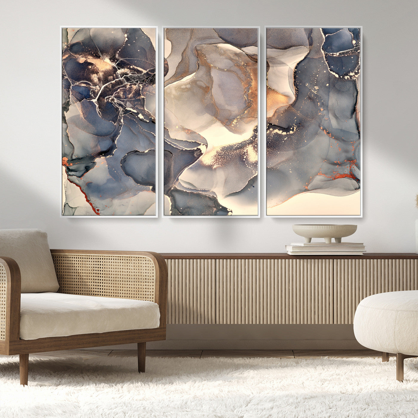 MGV-FC-48X32-3P - Abstract Blue and Gold Wall Art - Fluid Ink Artwork - Modern Luxury Wall Decor for Contemporary