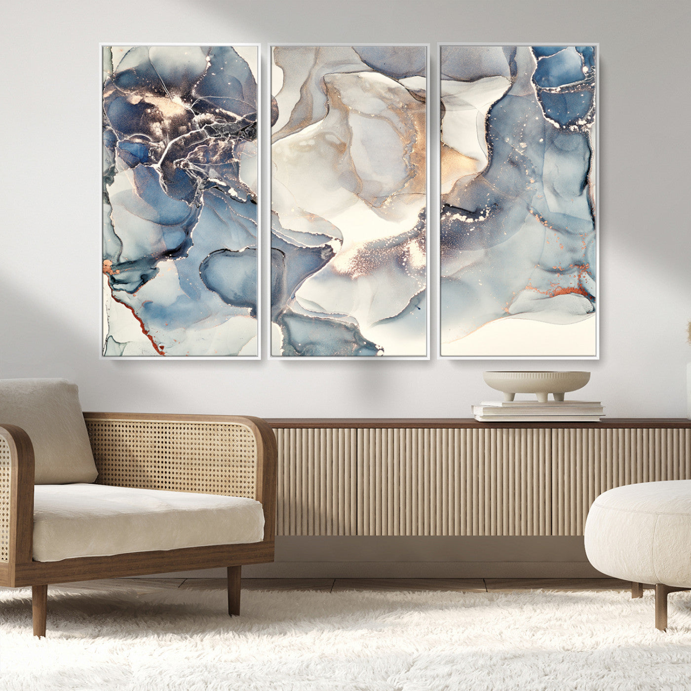MGV-FC-48X32-3P - Abstract Blue and Gold Canvas Wall Art - Fluid Modern Ink Artwork - Modern Luxury Wall Decor for
