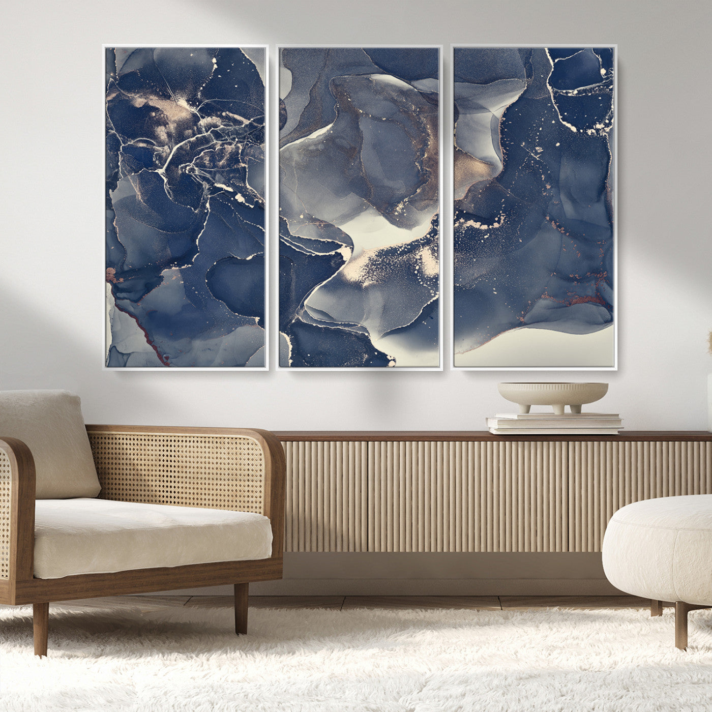 MGV-FC-48X32-3P - Large Abstract Blue and Gold Canvas Wall Art | Fluid Ink Artwork Print | Luxury Wall Decor for