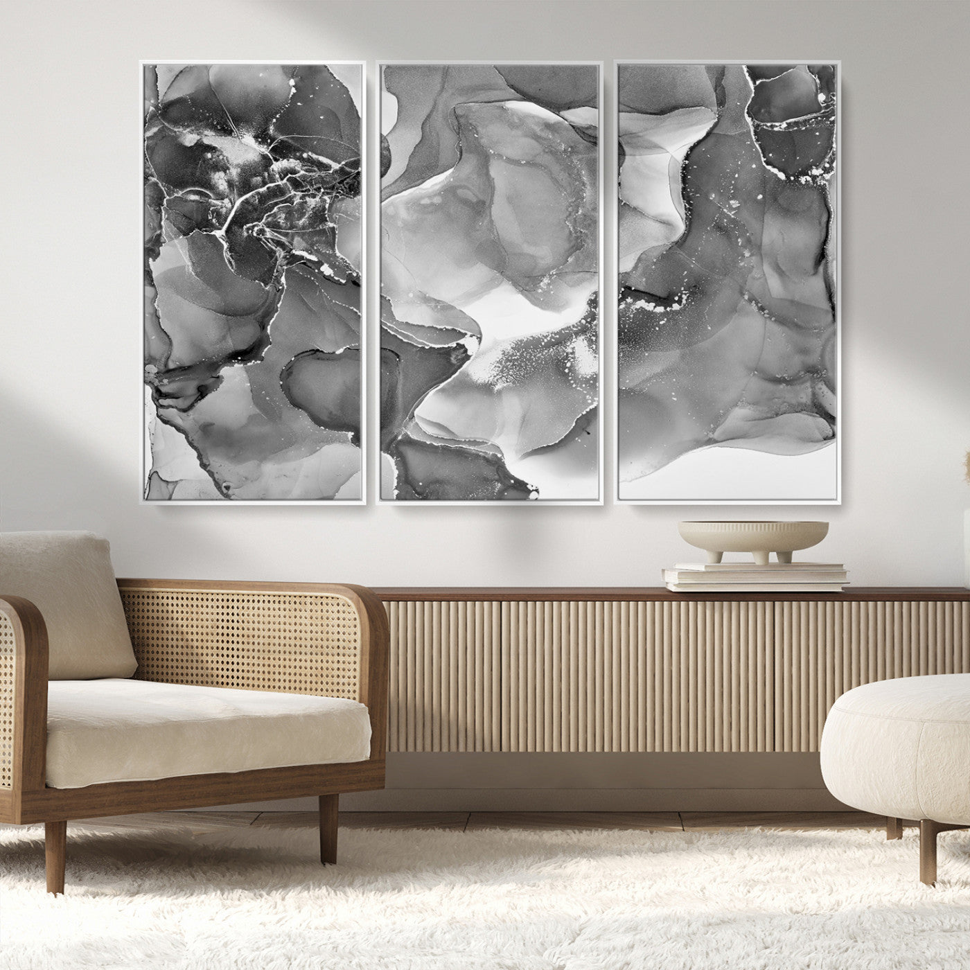 MGV-FC-48X32-3P - Black White Abstract Canvas Wall Art - Fluid Ink Artwork - Modern Luxury Wall Decor for Contemporary