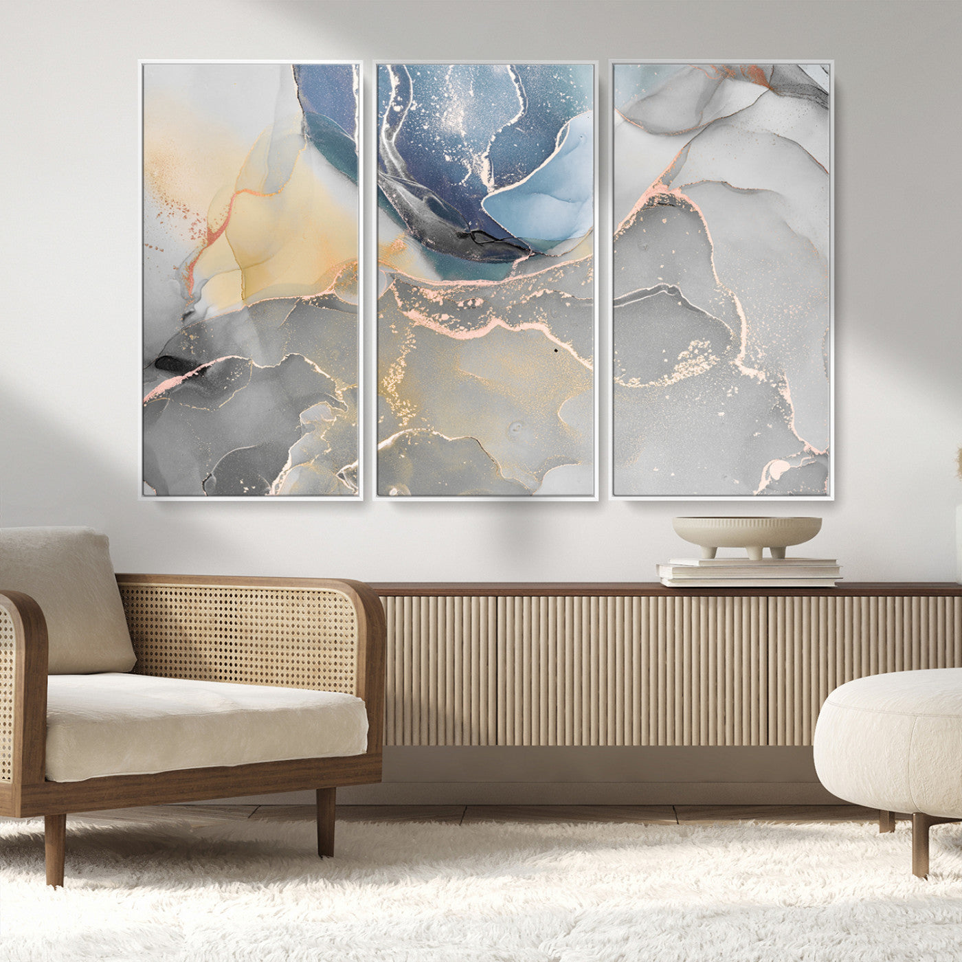MGV-FC-48X32-3P - Large Abstract Blue and Gold Canvas Wall Art | Fluid Ink Artwork Print | Luxury Wall Decor for