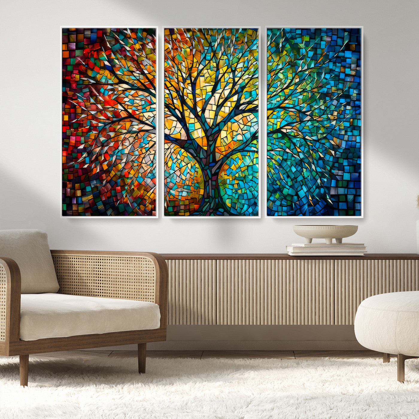 99325-MGV-FC-48X32-3P_White-Yggdrasil Tree of Life Wall Art Print Canvas | Mosaic Style 3-Panel Canvas Print