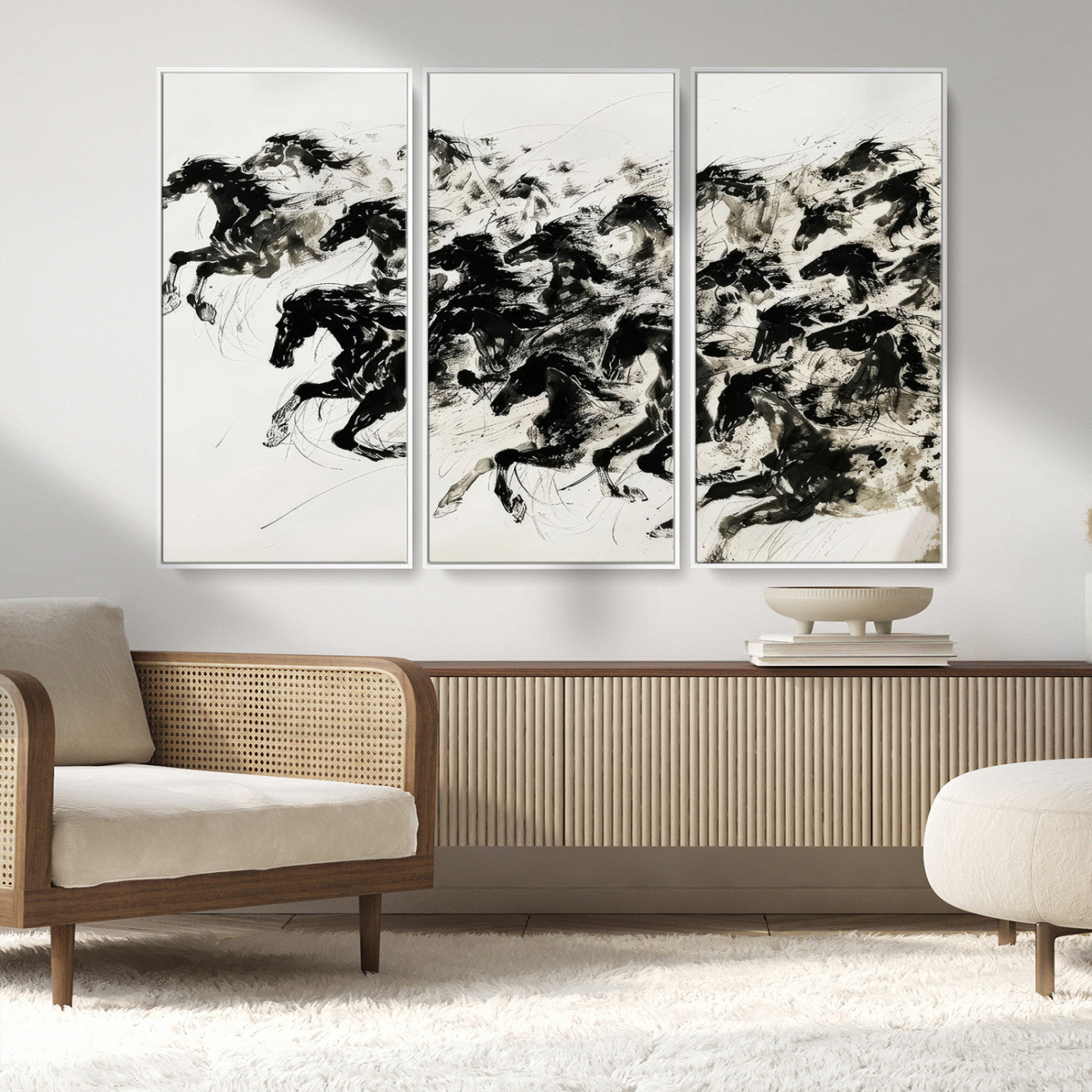 MGV-FC-48X32-3P - Abstract Horse Wall Art Canvas Print - Dynamic Black Ink Horse Print - Modern Equine Wall Decor for