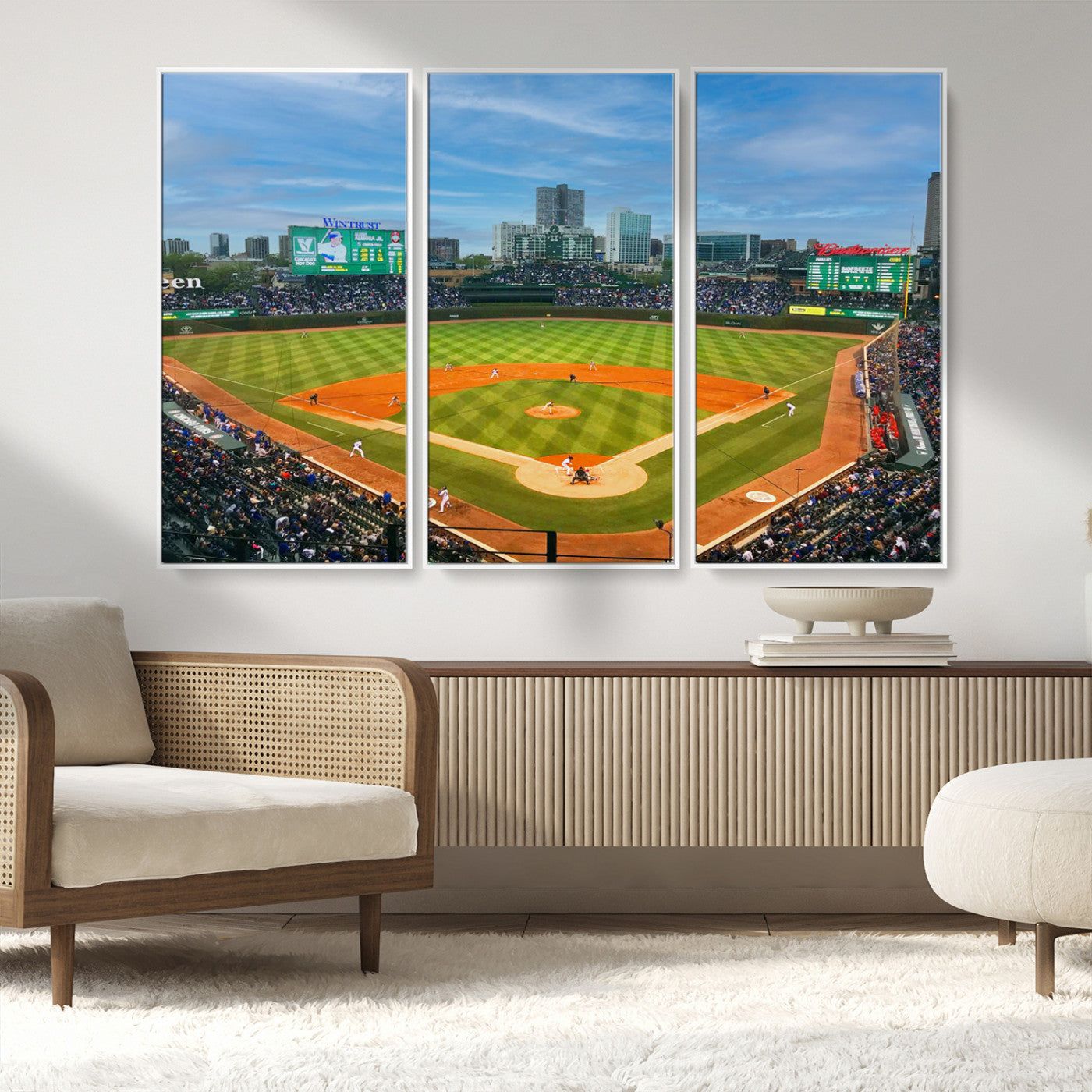MGV-FC-48X32-3P - Wrigley Field Chicago Cubs Panoramic Multi Piece Canvas Wall Art - Iconic Baseball Stadium Print for