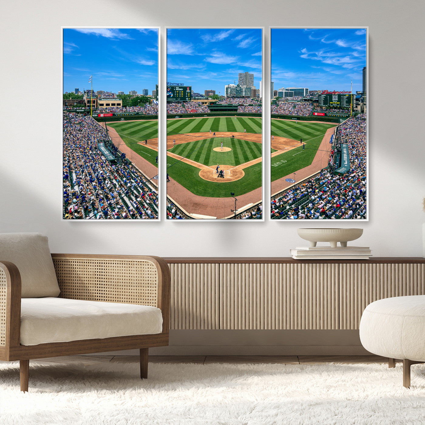MGV-FC-48X32-3P - Framed Wrigley Field Chicago Cubs Print, Panoramic Multi Piece Canvas Wall Art - Iconic Baseball