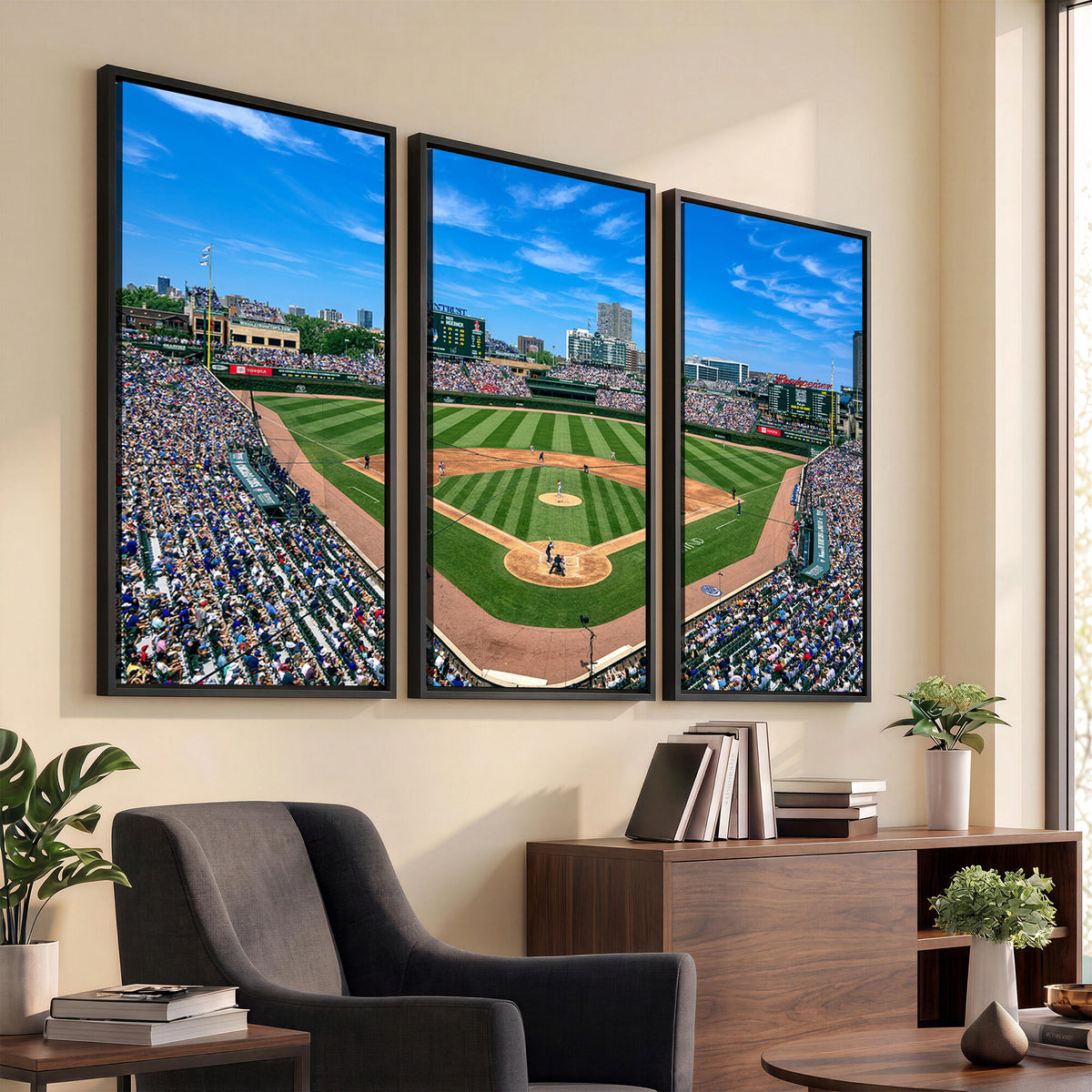26064-MGV-CV-36X24 - Framed Wrigley Field Chicago Cubs Canvas Print – Panoramic Multi-Piece Iconic Baseball Stadium Wall Art for Home, Office