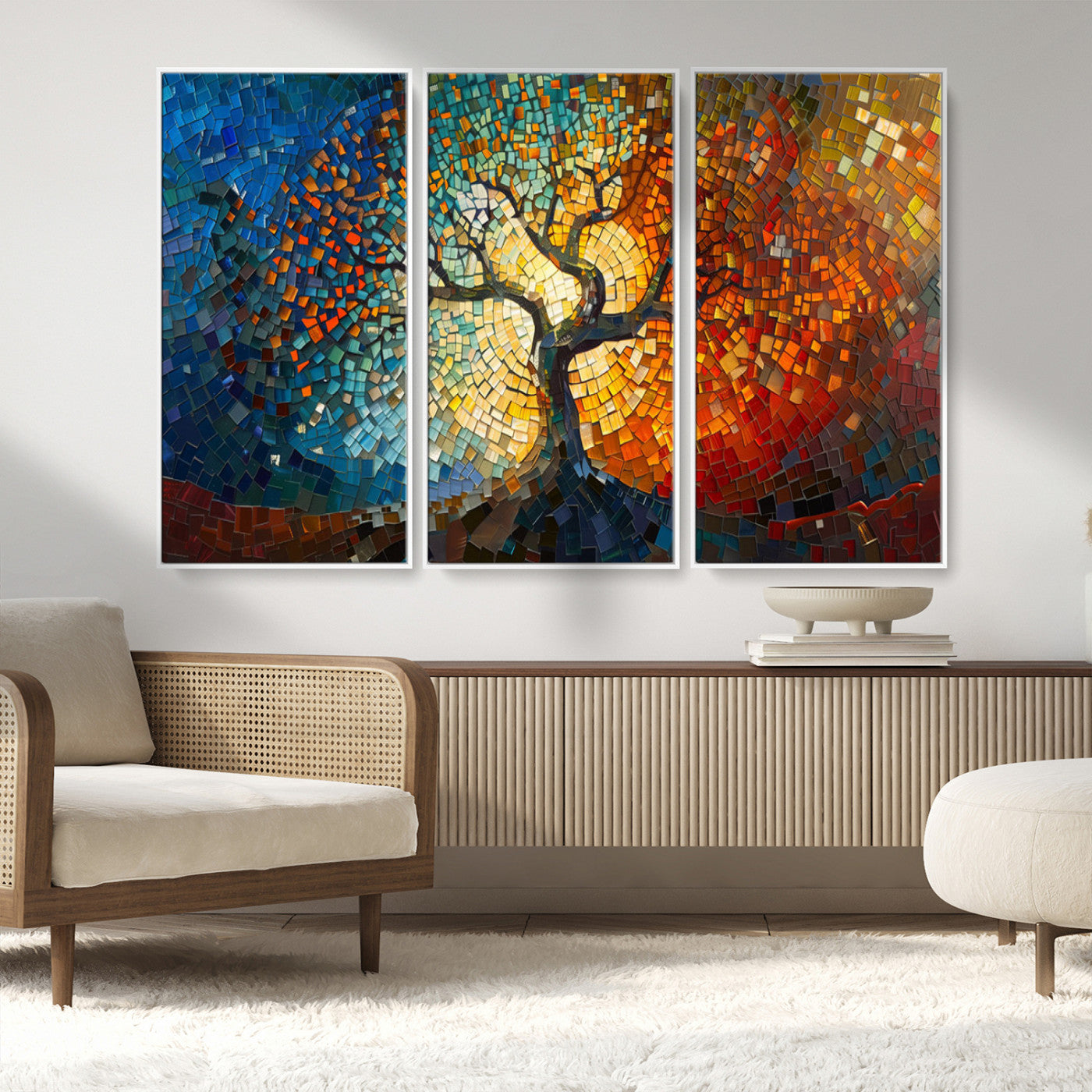 MGV-FC-48X32-3P - Mosaic Tree Canvas Wall Art Canvas Print – Vibrant Stained Glass-Inspired Tree of Life - Ready to
