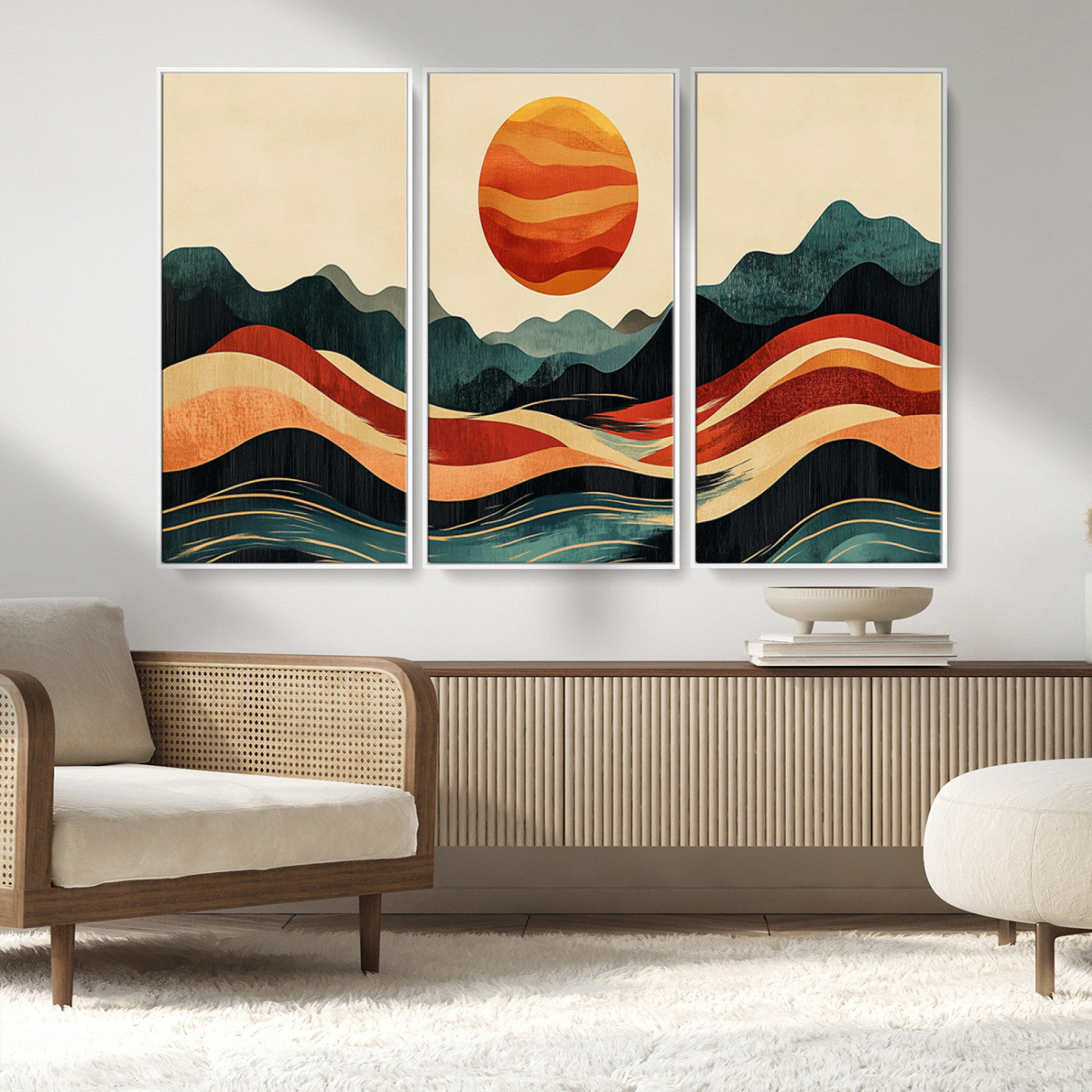 MGV-FC-48X32-3P - Mountain Triptych Wall Art - Western Nature Prints - Framed Boho Pine Tree Canvas for Log Cabin or