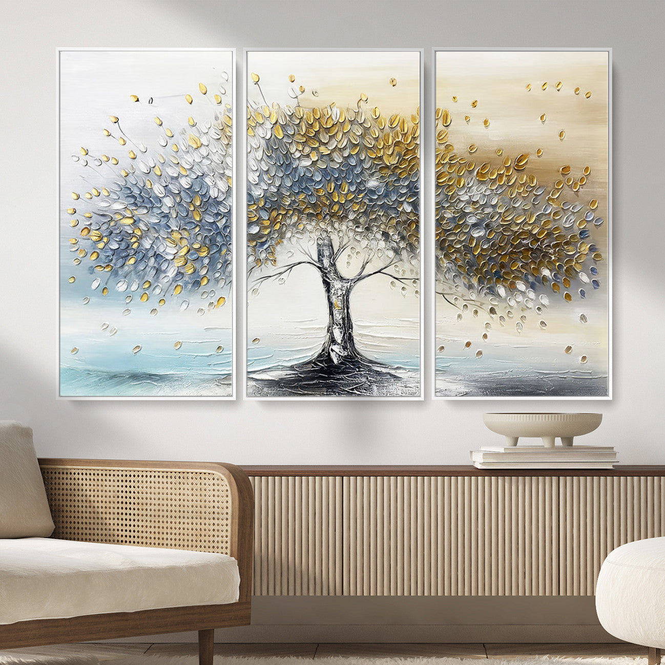 MGV-FC-48X32-3P - Golden & Silver Tree of Life Wall Art – Canvas Print with Whimsical Leaves Elegant Nature Design, Decorative Home, Office or Guest Room Decor