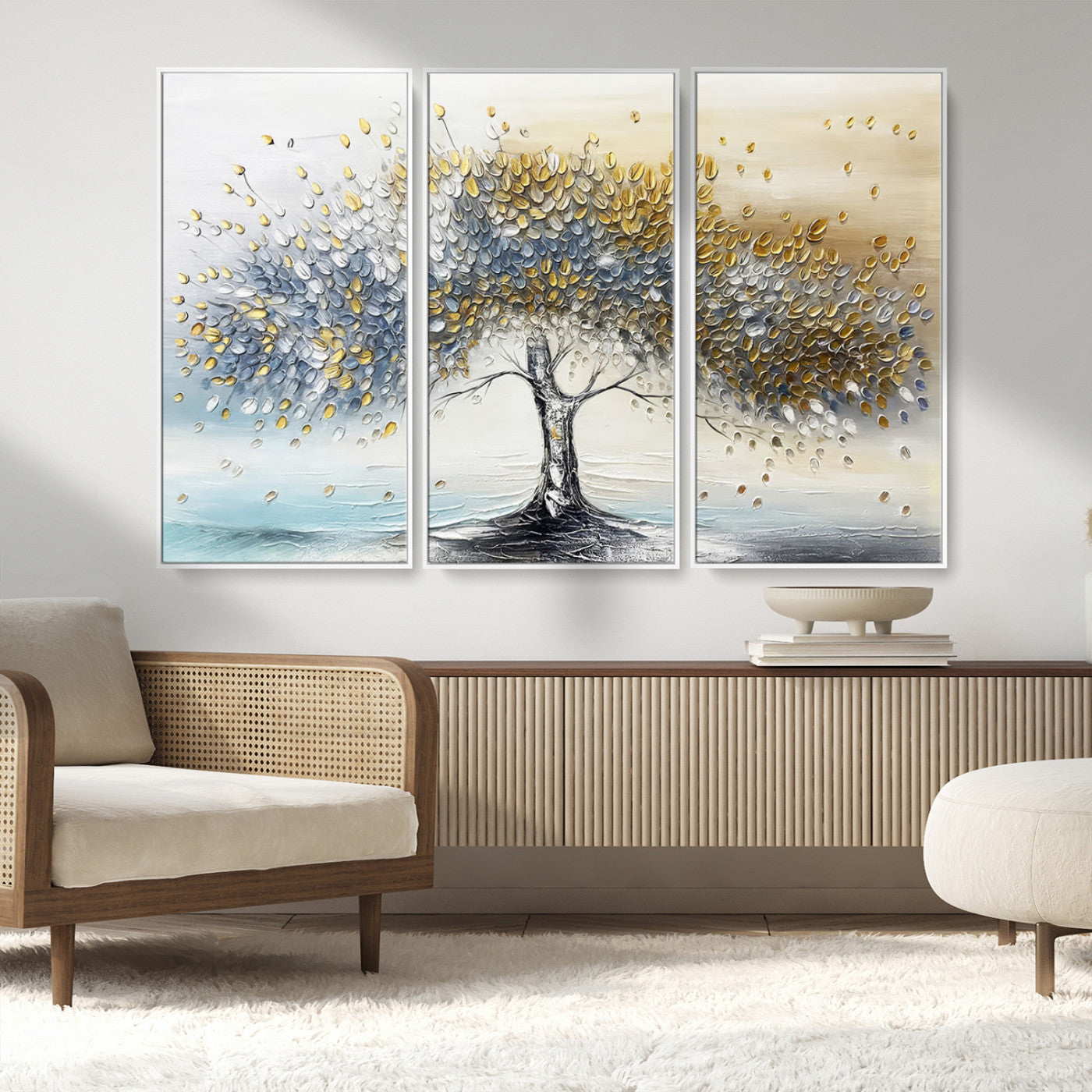 An elegant impasto painting featuring a tree with shimmering silver and gold leaves, blending soft pastels to create a calm and sophisticated atmosphere.