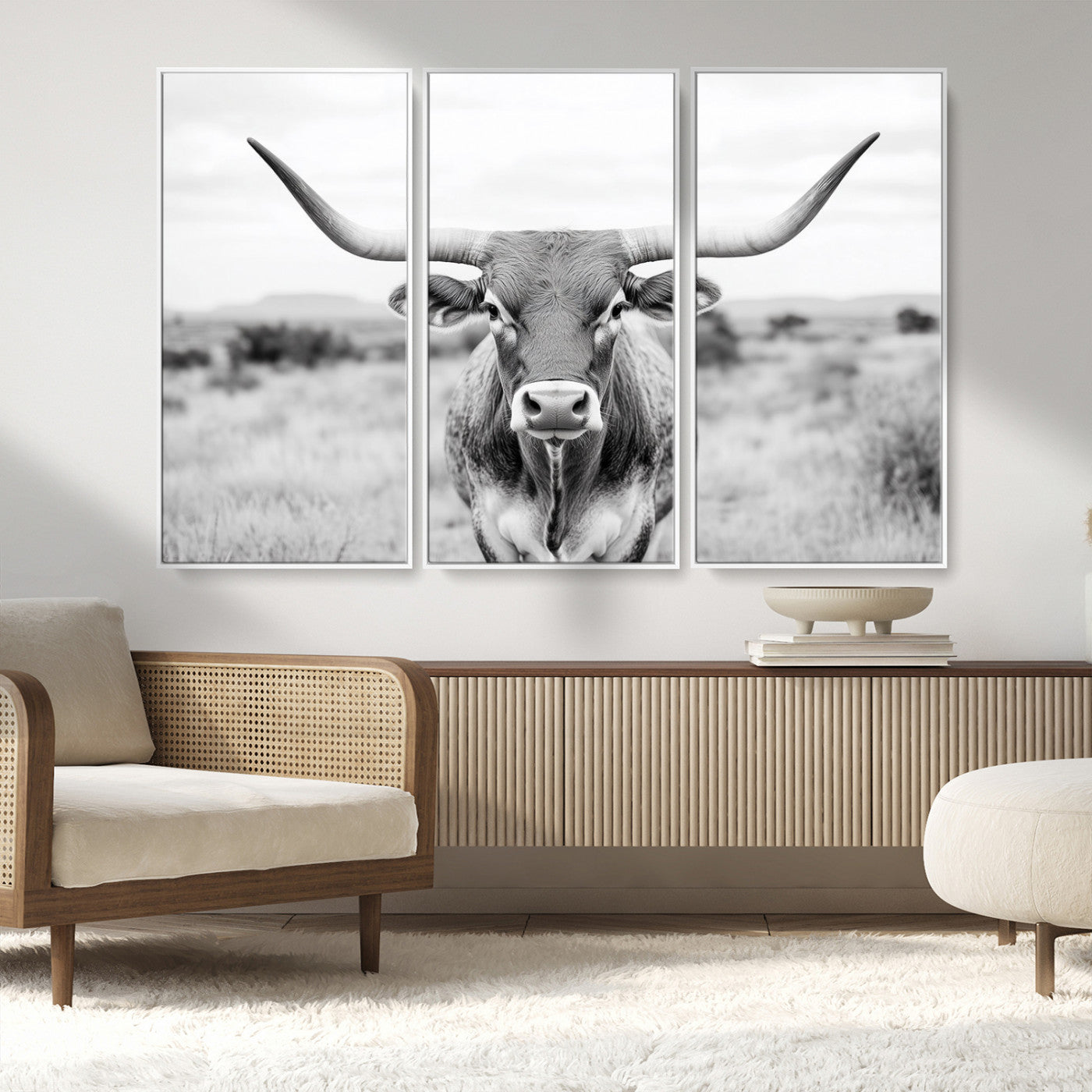 MGV-FC-48X32-3P - Highland Cow Wall Art Print - Black and White Texas Western Longhorn Canvas - Farmhouse Decor Print