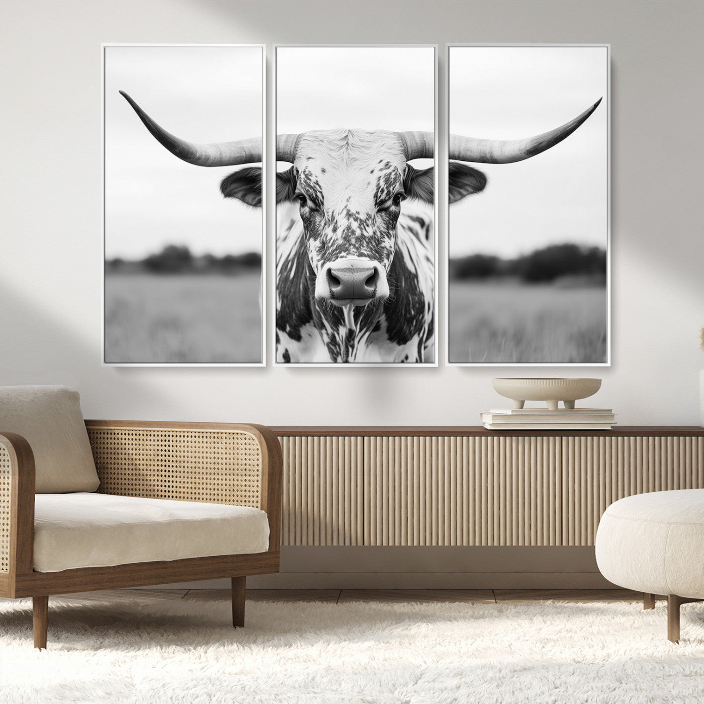 MGV-FC-48X32-3P - Highland Cow Wall Art - Black and White Western Longhorn Canvas Print - Farmhouse Living Room Decor