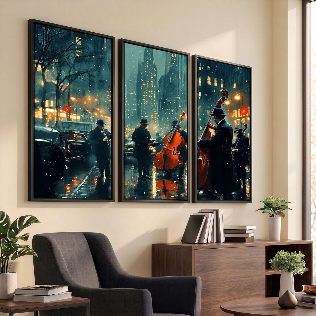 53391-MGV-CV-24X16 - Urban Night Jazz Wall Art Canvas Print | Moody Rain Soaked City Street Band Scene