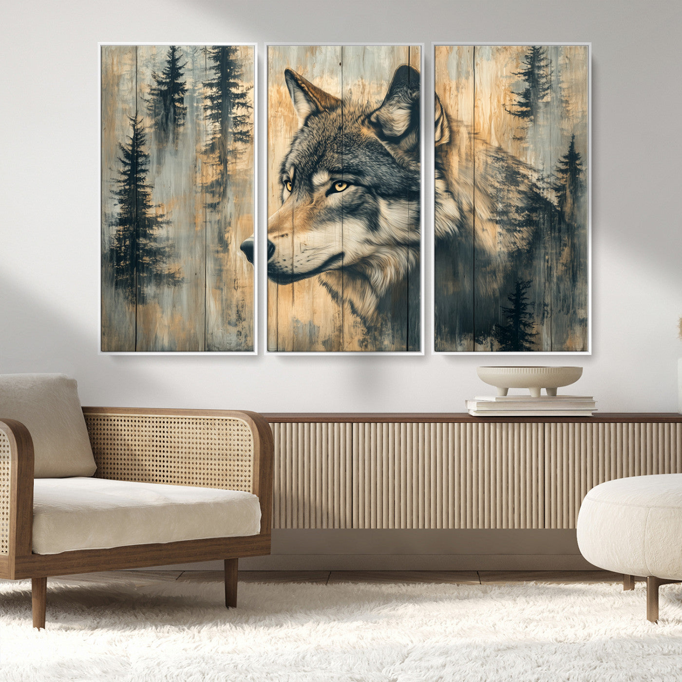 MGV-FC-48X32-3P - Wood Style Rustic Wolf Wall Art Canvas Print, Vintage Woodland Wolf Wall Art, Framed Wood Style Wolf