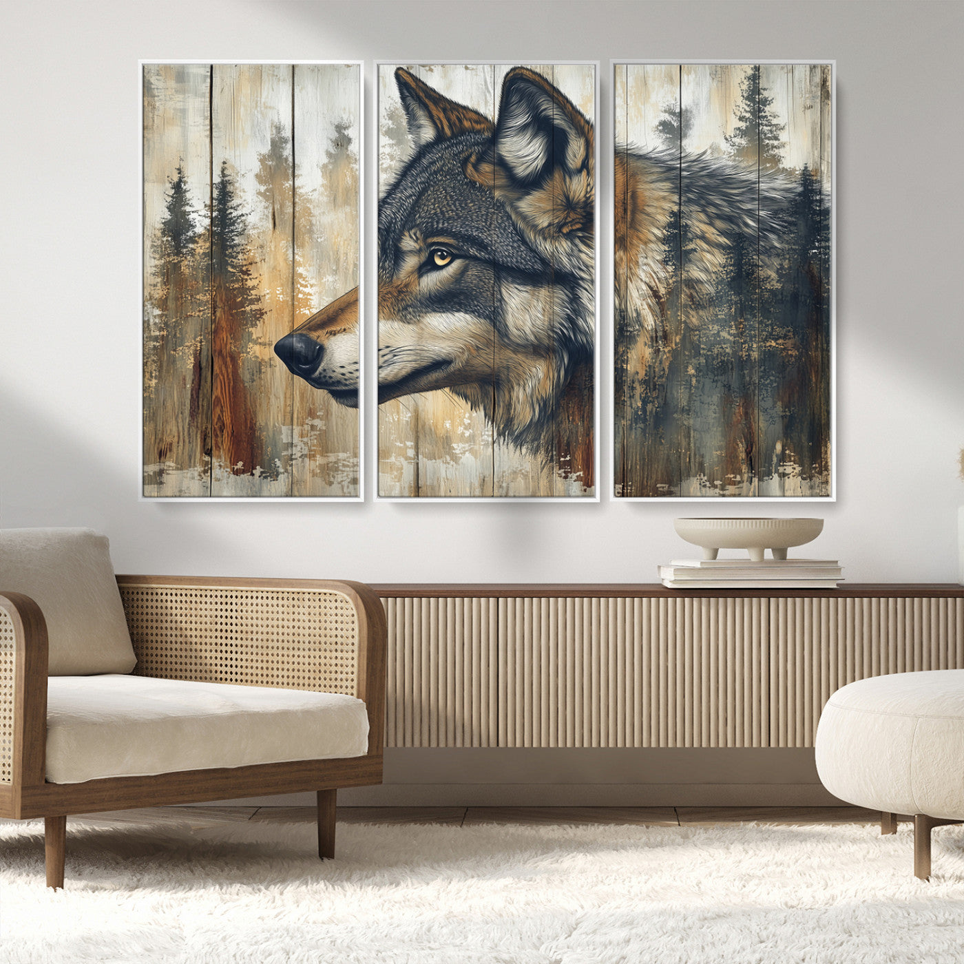 MGV-FC-48X32-3P - Rustic Wolf Wall Art Canvas Print, Vintage Woodland Wolf Wall Art