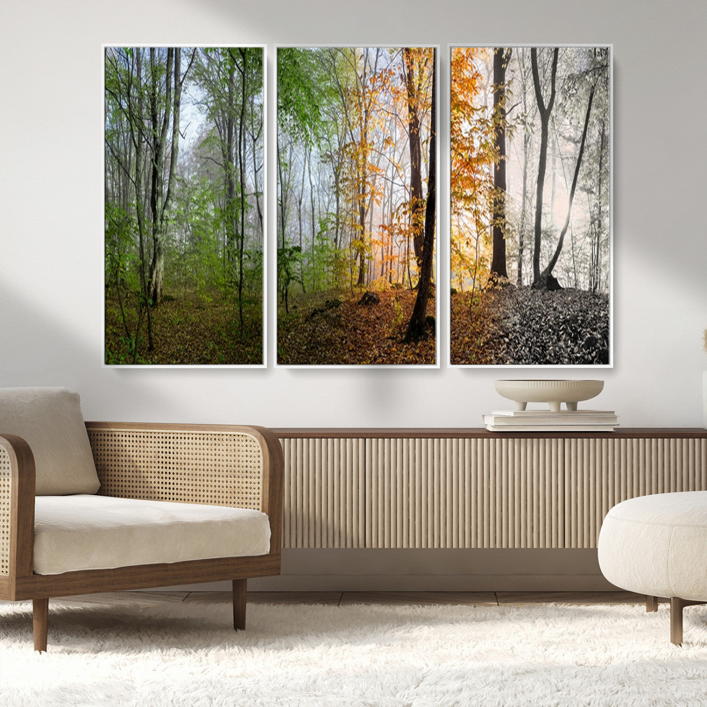 MGV-FC-48X32-3P - Four Seasons Wall Art Forest Canvas Print – Triptych Seasonal Nature Print – Landscape Decor for