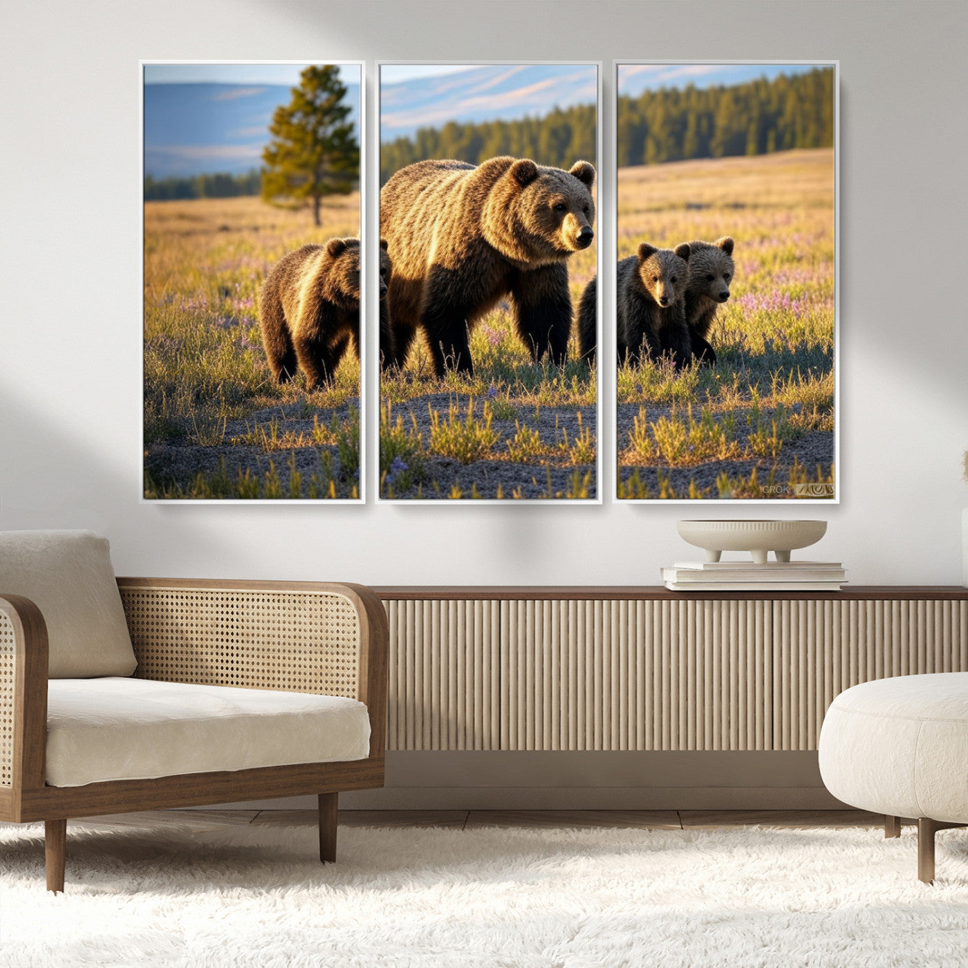 MGV-FC-48X32-3P - Grizzly 399 in Wild Flowers Wall Art Canvas Print, Grizzly Bears Wall Art, Queen of Grand Teton