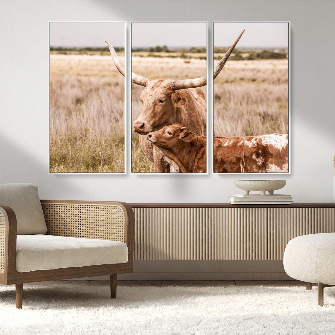 MGV-FC-48X32-3P - Texas Longhorn Cow Wall Art Canvas Print for Farmhouse Wall Art, Texas Decor, Western Wall Art Print