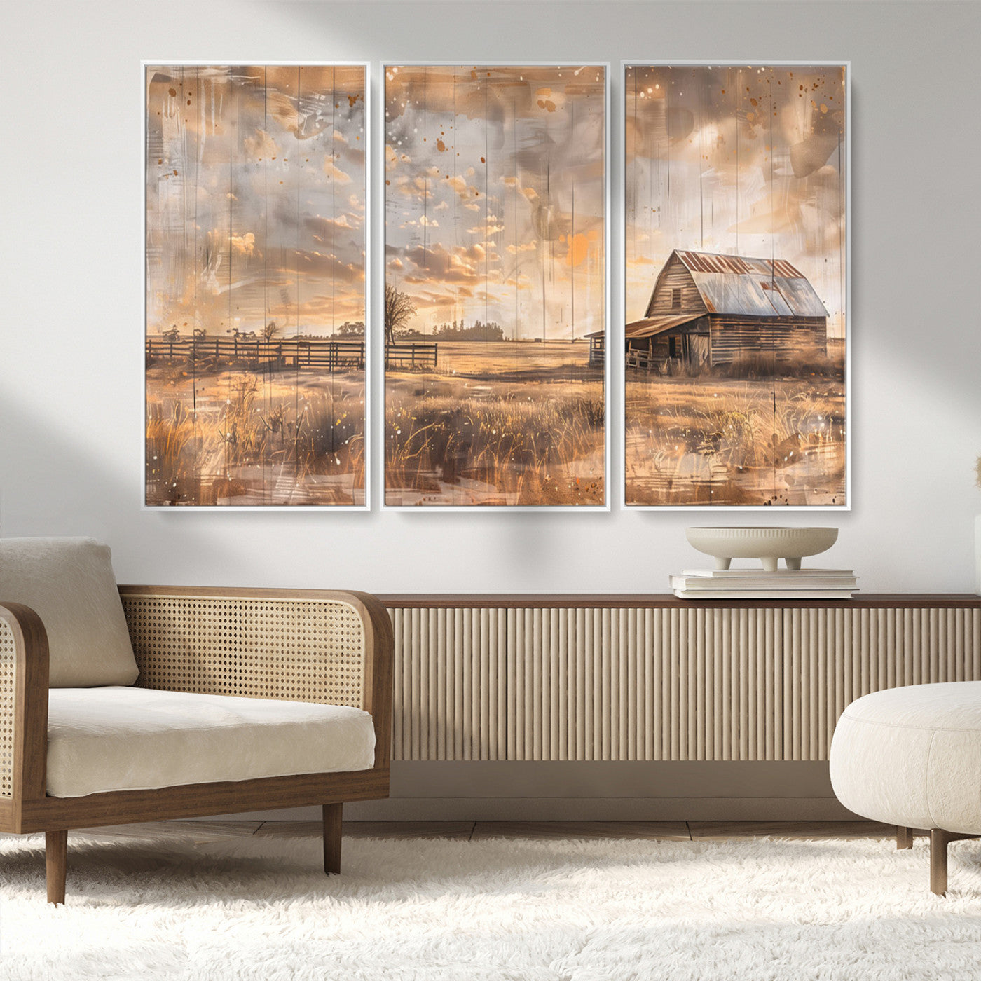 MGV-FC-48X32-3P - Rustic Farmhouse Wall Art Canvas Print | Barn and Field Canvas Print | Vintage Country Landscape