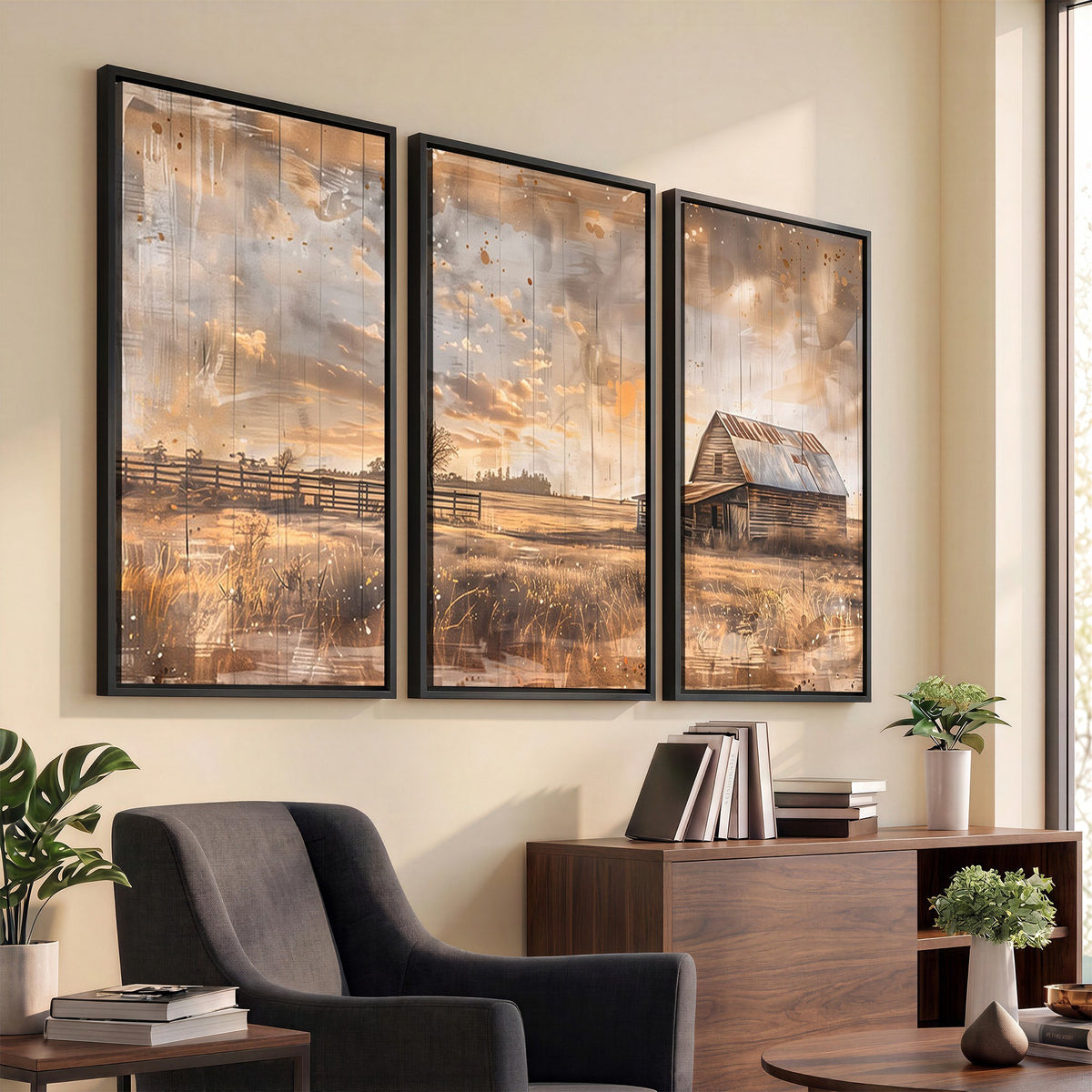 FARM2-MGV-CV-24X16 - Rustic Farmhouse Wall Art Canvas Print | Barn and Field Vintage Country Landscape