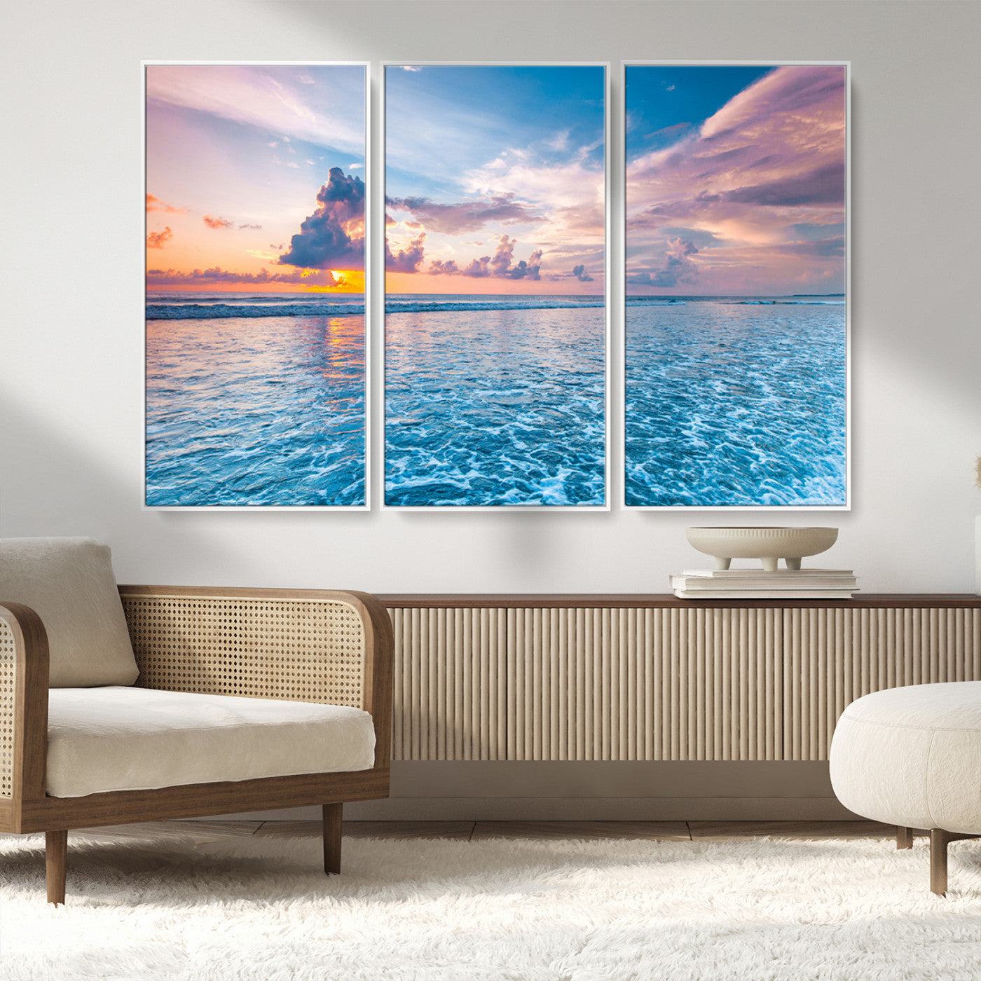 MGV-FC-48X32-3P - Ocean Sunset Canvas Wall Art Print - Tranquil Seascape with Vibrant Sky and Rolling Waves Canvas