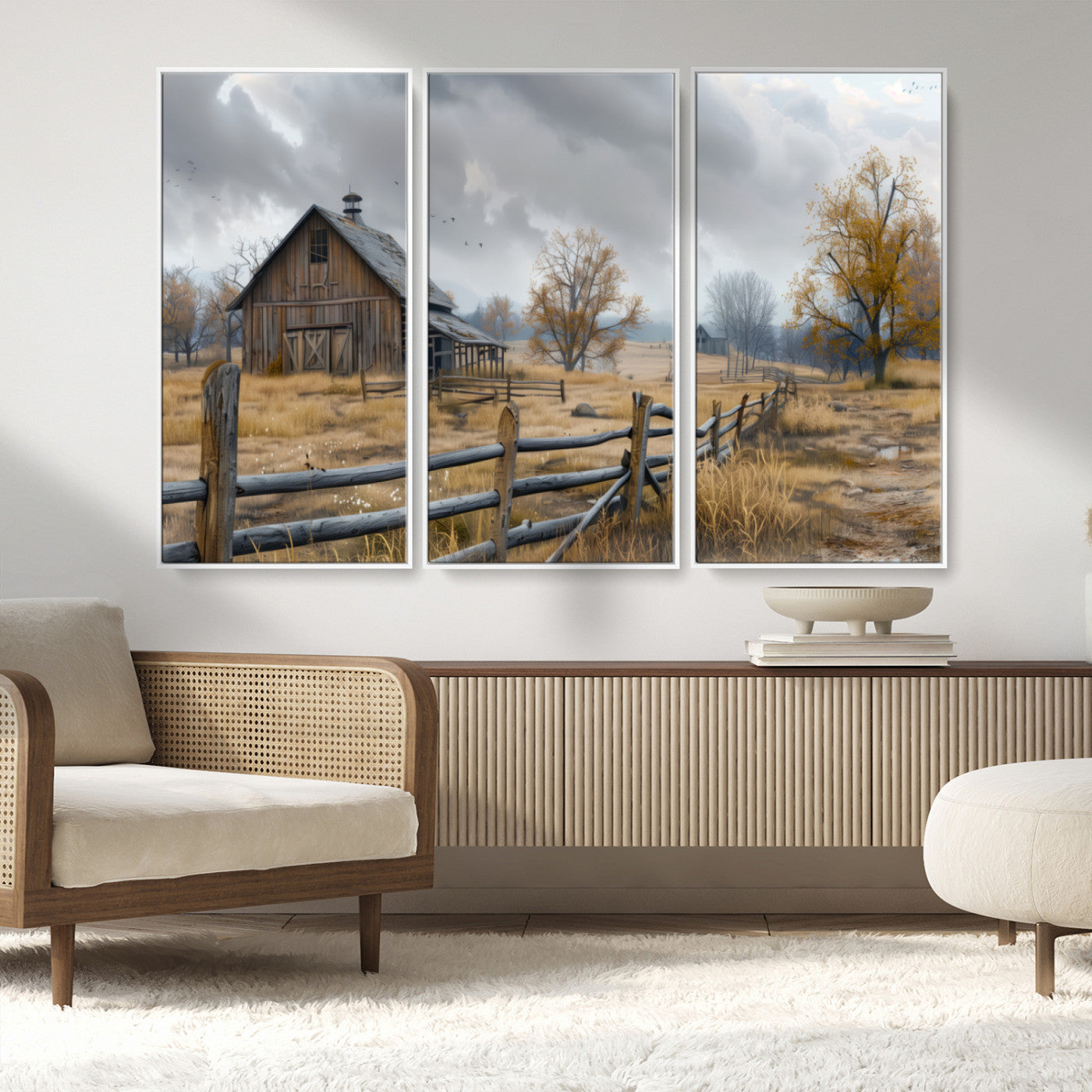 MGV-FC-48X32-3P - Rustic Autumn Farmhouse Wall Art Canvas Print – Serene Countryside Scene with Weathered Barn and