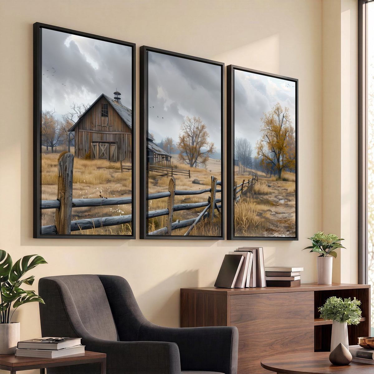 Farm1-MGV-CV-24X16 - Rustic Autumn Farmhouse Wall Art Canvas Print | Serene Countryside with Weathered Barn