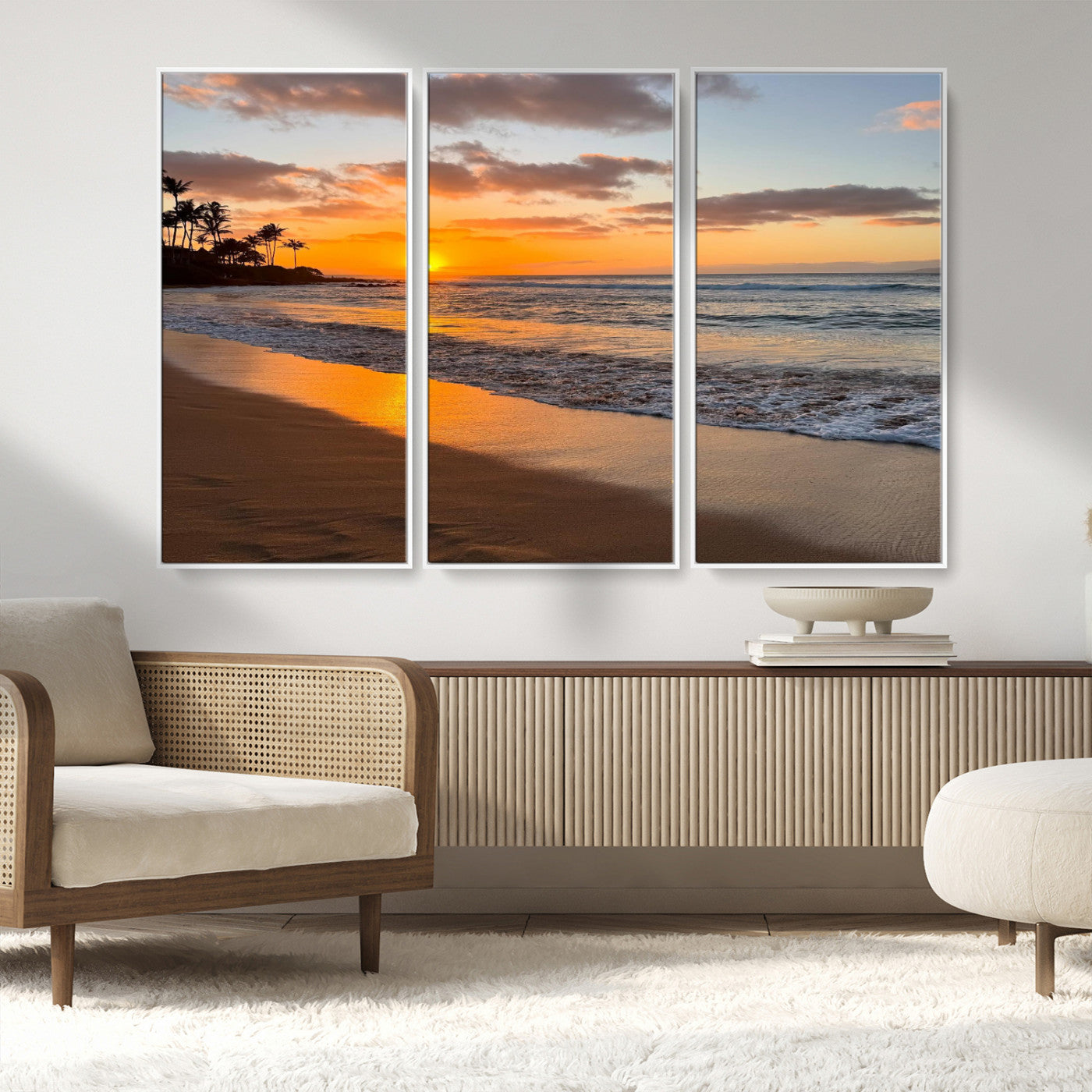 MGV-FC-48X32-3P - Sunset Wall Art Print - Stunning Beach Sunset Canvas Artwork for Elegant Home or Office Coastal