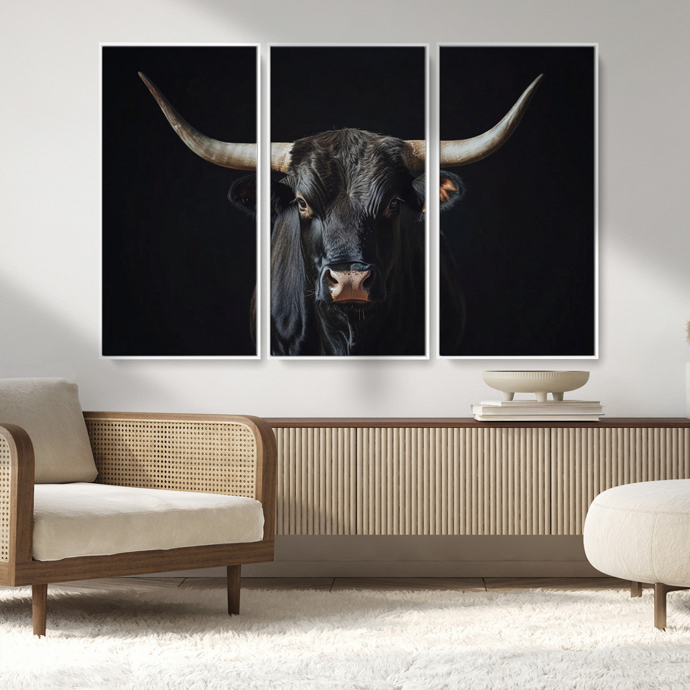 48065167-MGV-FC-48X32-3P_White-Majestic Longhorn Bull Wall Art Canvas Print – Dark Background Western Ranch Portrait Artwork for Home, Office