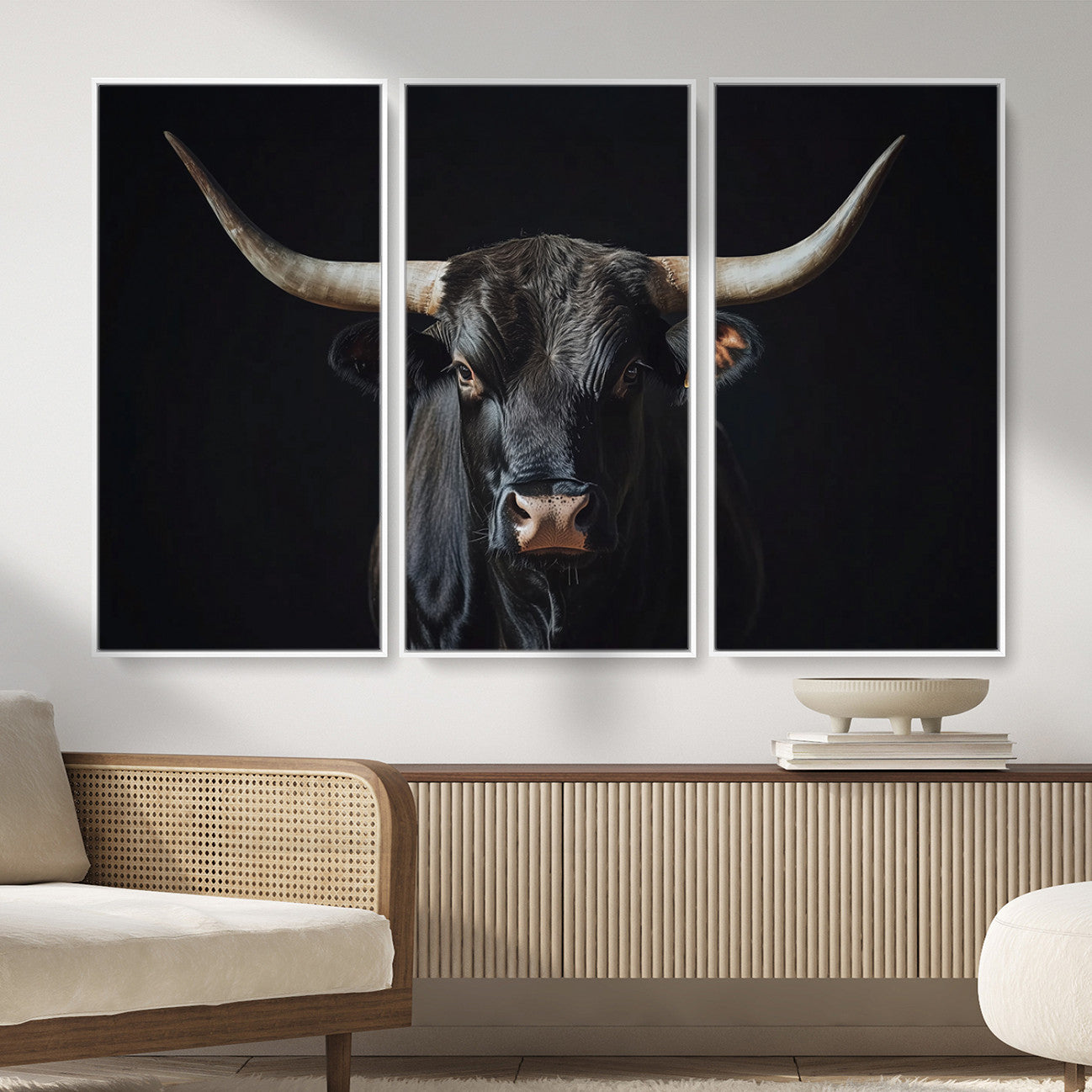 48065167-MGV-CV-36X24 - Texas Longhorn Bull Wall Art Canvas Print – Western Black Bull Art Print for Farmhouse Ranch Decor