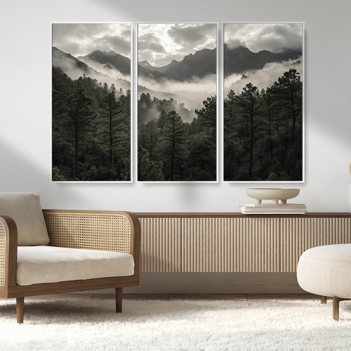 MGV-FC-48X32-3P - Misty Mountain Forest Wall Art – Canvas Print of Cloudy Peaks, Tranquil Pines, Enchanted Landscape, Majestic Nature Decor for Home or Office