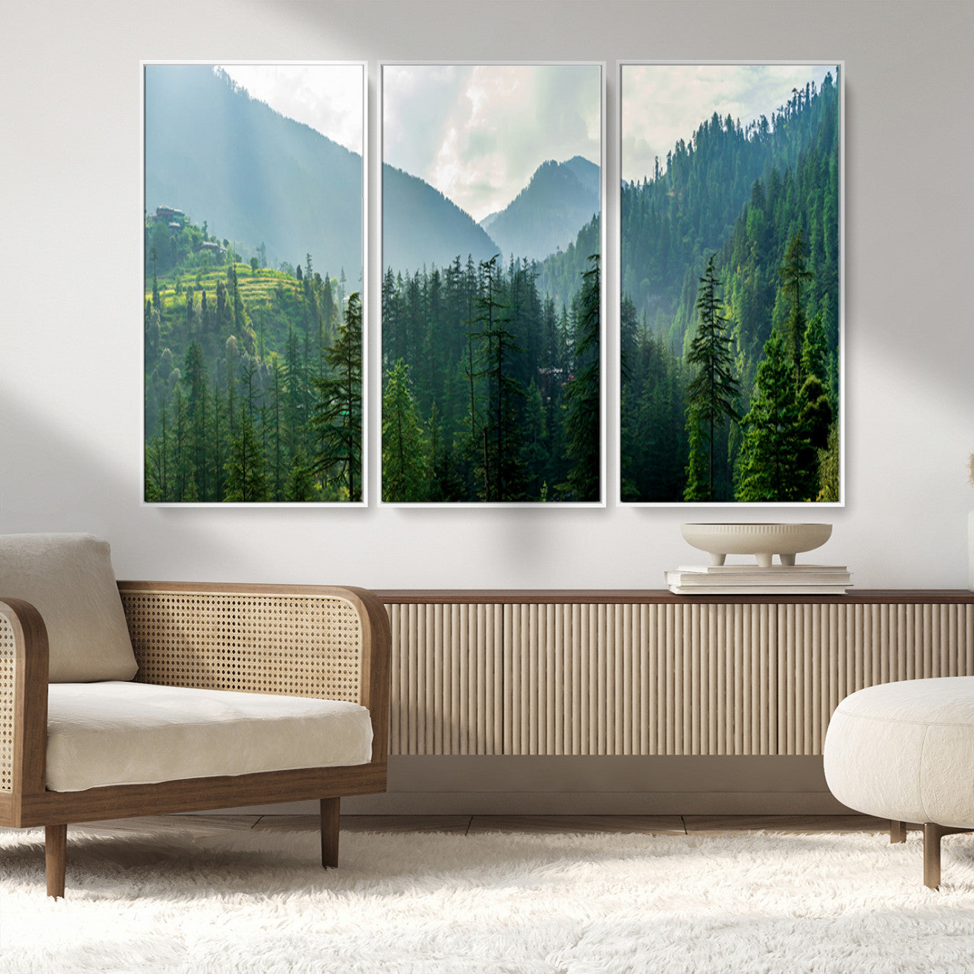 MGV-FC-48X32-3P - Misty Forest Mountain Canvas Print – Serene Nature Wall Art, Tranquil Valley