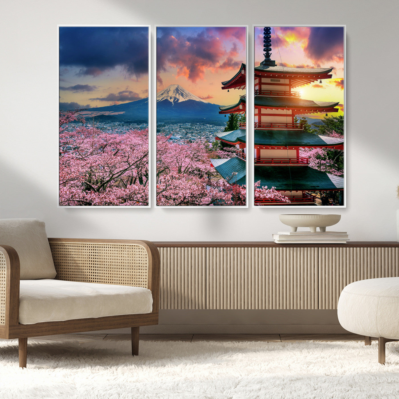 MGV-FC-48X32-3P - Mount Fuji & Cherry Blossom Wall Art Canvas Print – Iconic Japanese Landscape, Sakura Pagoda Sunset,