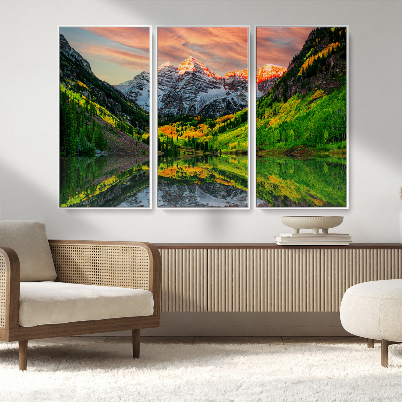 MGV-FC-48X32-3P - Maroon Bells Lake Wall Art Canvas Print – Majestic Colorado Mountain Landscape, Autumn Reflection,